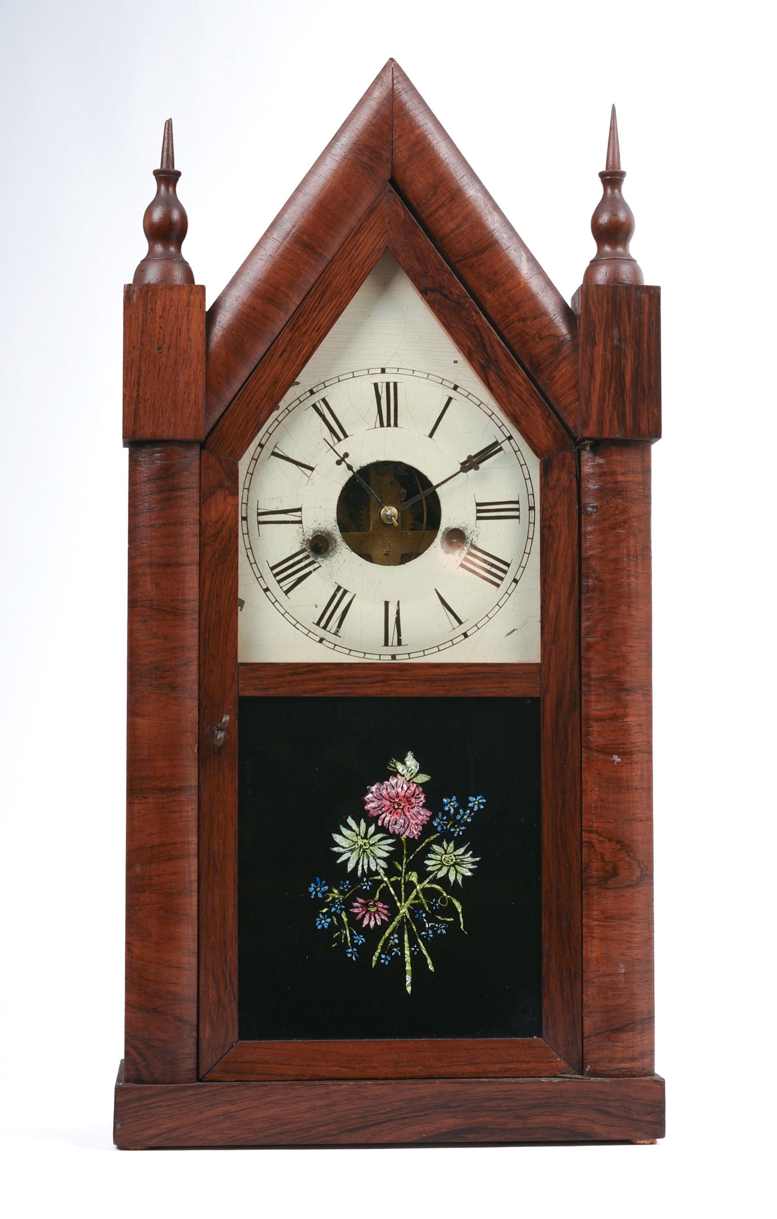 A. S. Platt Steeple Clock, Bristol, Connecticut: Height 20 inches, not tested for operation. Paper label inside, key, pendulum, 19th c.