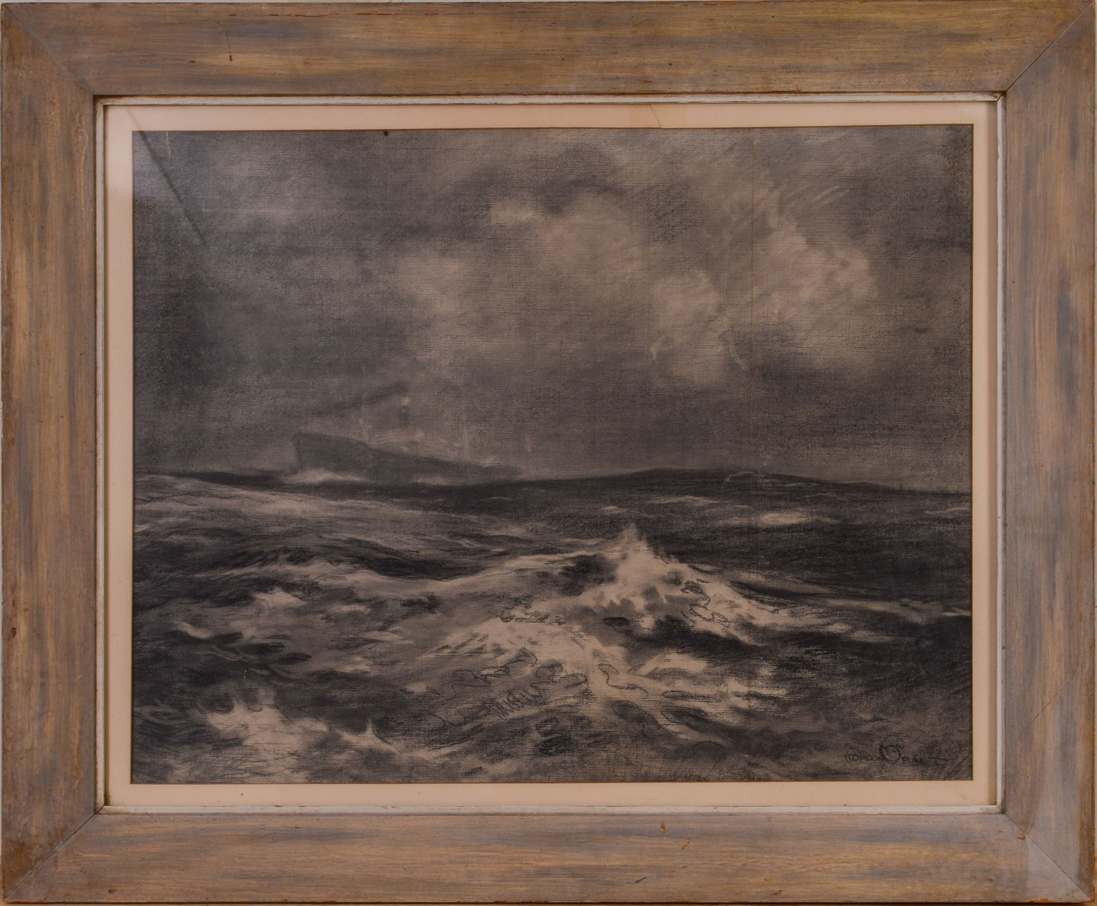 Gordon Grant Seascape with Ocean Liner.: (New York, California 1875-1962), Stormy Sea with Ocean Liner, charcoal on textured artist board, 20.5 x 26 inches, sight, signed l.r. Framed, 28 x 34 inches.