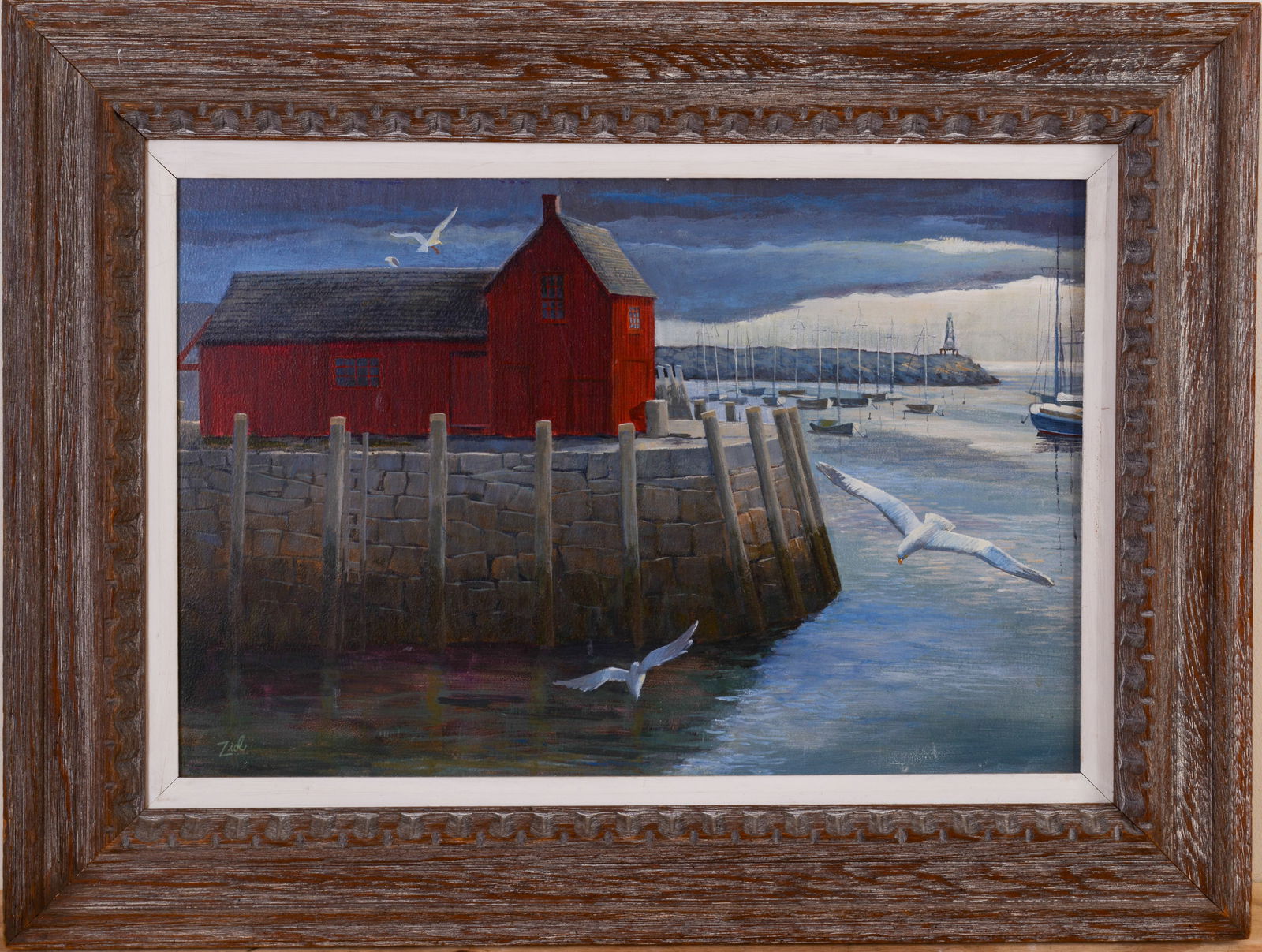 Rockport Harbor Painting. â€?Early Arrivalâ€?: Oil on masonite, 16 x 24 inches, signed l.l., signed Ziol l.l., signed and titled on label on verso, c. 1960. Framed, 24 x 32 inches.