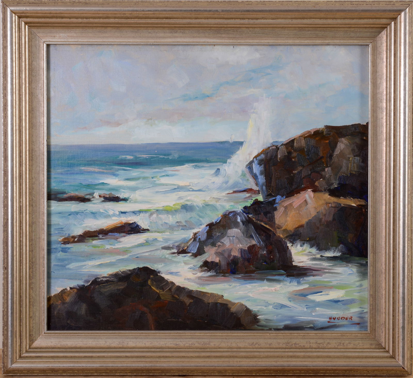Paul Beaden Hudder (1897 - 1991). Bass Rocks, Gloucester, Mass.: Oil on board, 18 x 20 inches, signed lower right. Framed, 22 x 25 inches.