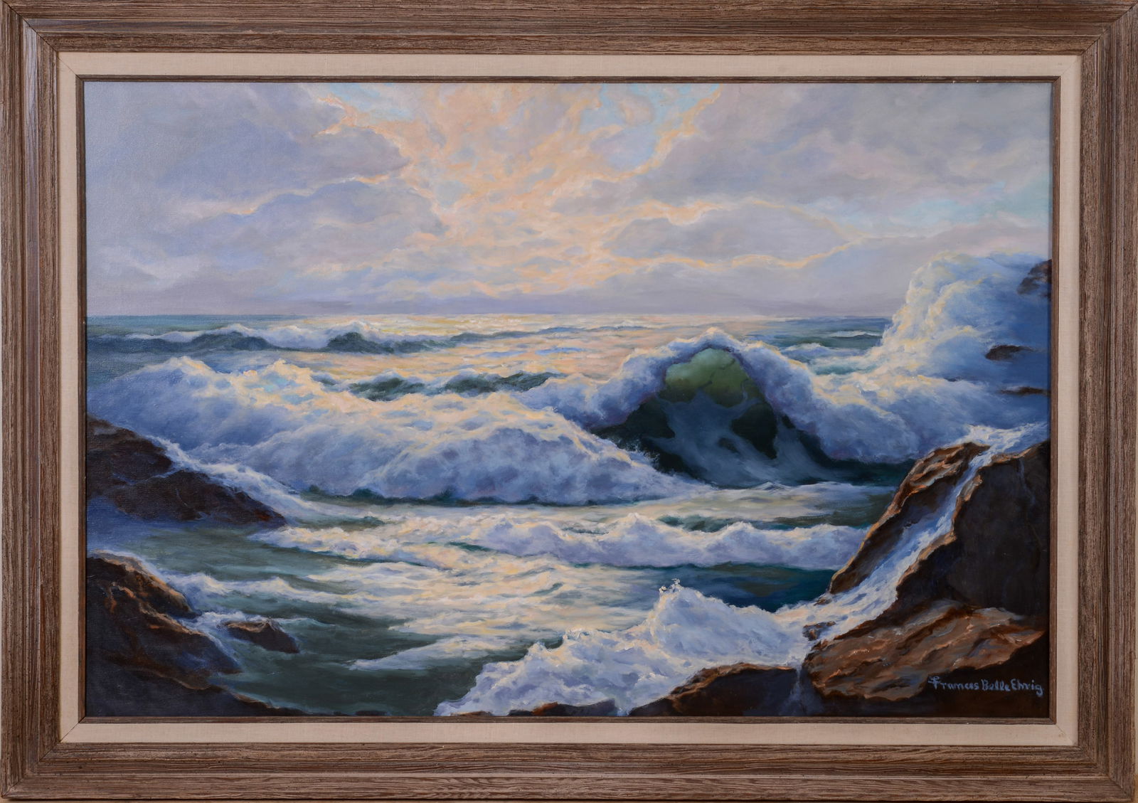 Frances Belle Ehrig (1912 - 2003). Maine Surf.: Oil on canvas, 24 x 36 inches, signed lower right. Framed, 29.5 x 41 inches.
