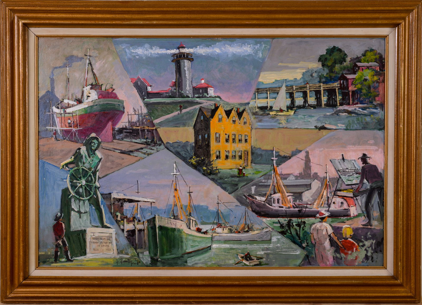 Frank T M Beatty (1899 - 1984). Gloucester Montage.: Oil on board, 24 x 36 inches, signed and dated 1980 lower left. Framed, 31 x 43 inches.