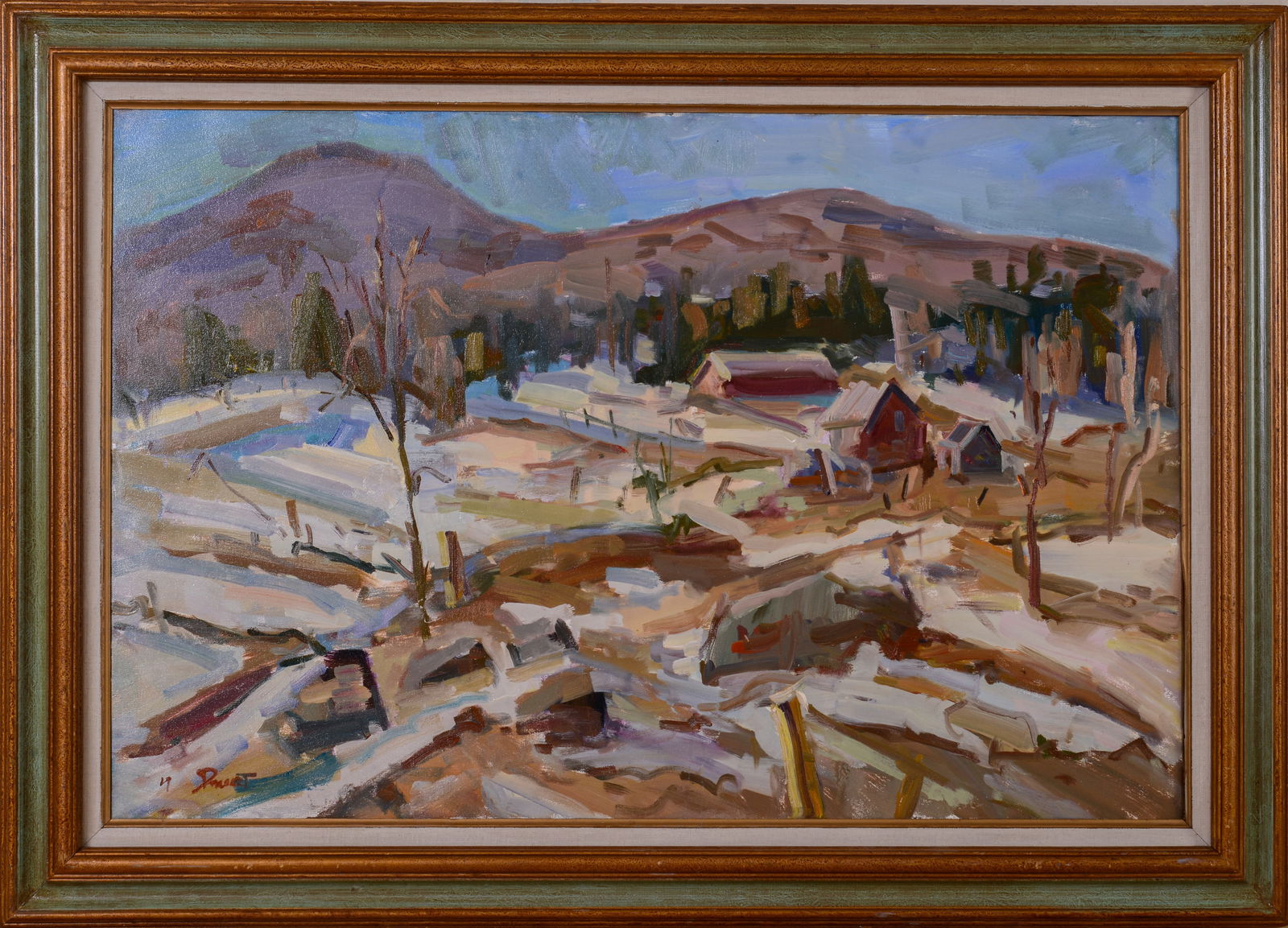 Michel Doucet (Contemporary). Mudget Farm.: Oil on canvas, 24 x 36 inches, signed lower left. Framed, 31 x 43 inches.