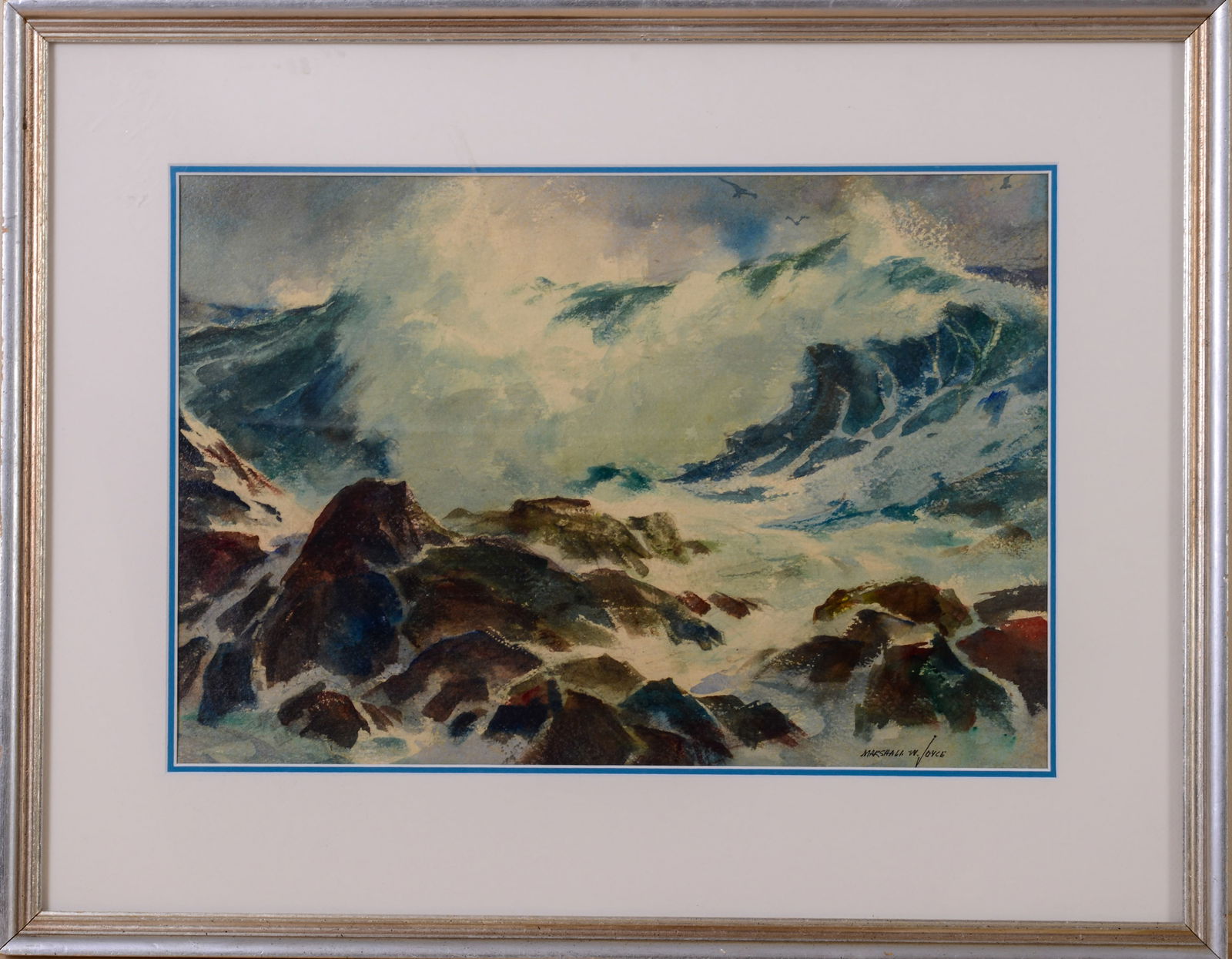 Marshall Woodside Joyce (1912 - 1998). Crashing Surf.: Watercolor on paper, 13 x 19 inches, sight, signed lower right. With a second painting on verso. Framed, 21 x 27 inches.