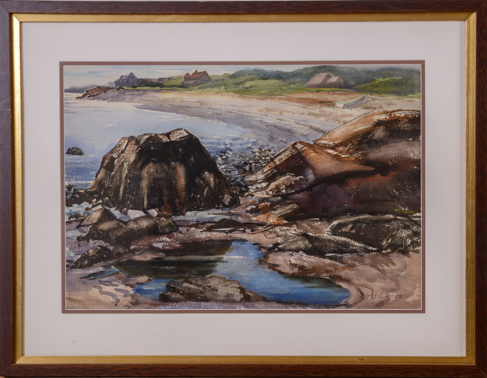 Mildred C. Jones (1899 - 1992). Cape Hedge Beach, Rockport, Mass.: Watercolor on paper, 14.5 x 21 inches, signed lower right. Frame, 22 x 28.5 inches.