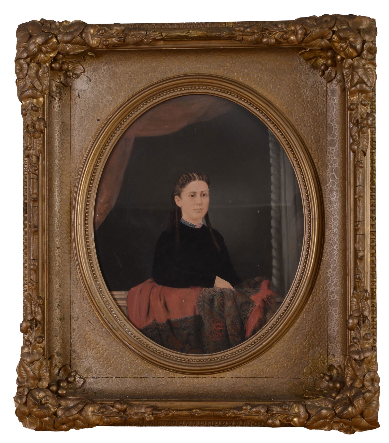 19th Century Hand Colored Print of a Young Woman: 12 1/2 x 15 1/2 inches, sight. In a fine frame, 21 x 24 inches.