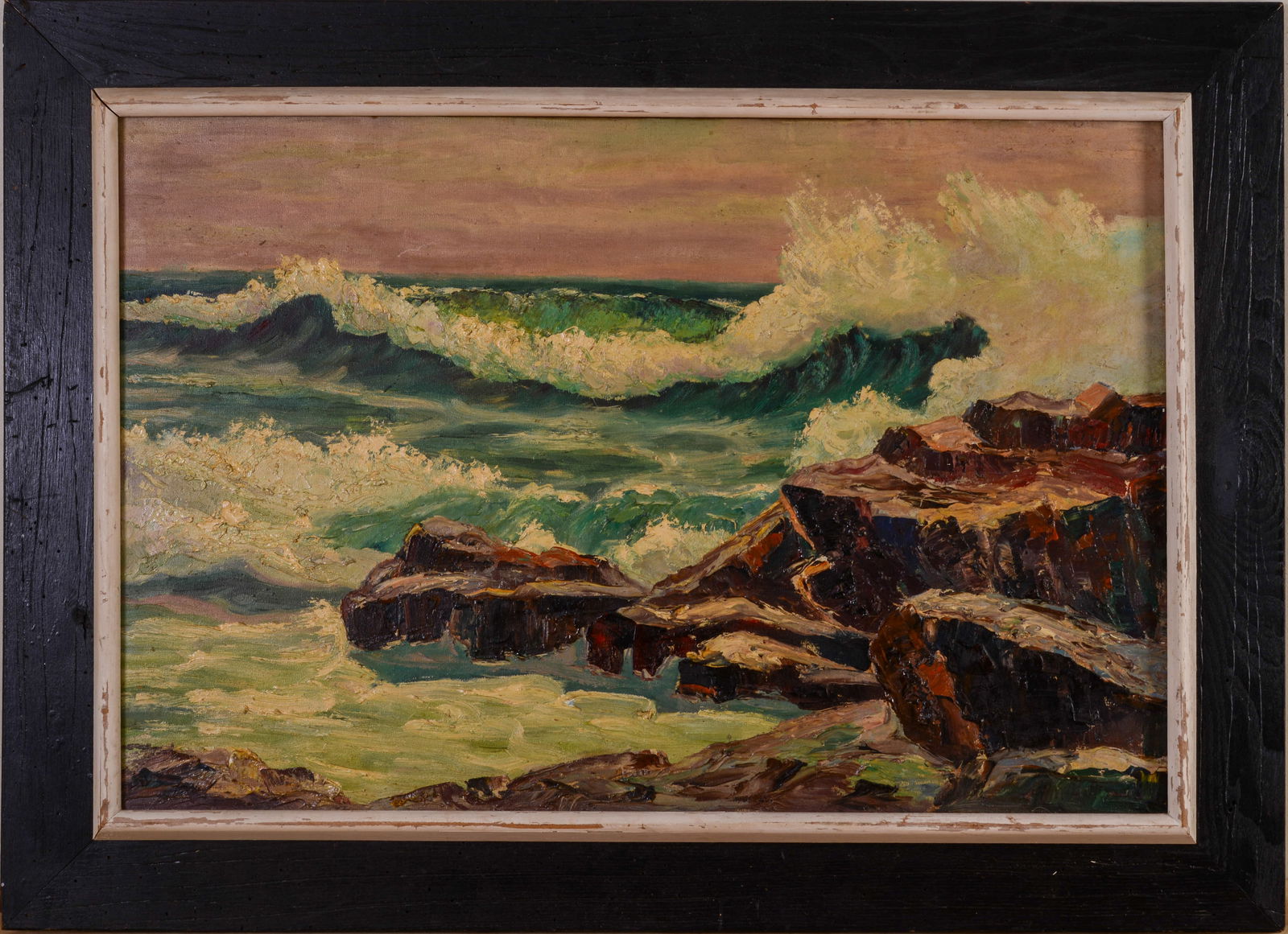 Mid Century Painting of Waves Crashing on Rocky Coast: Oil on board, 24 x 36 inches.