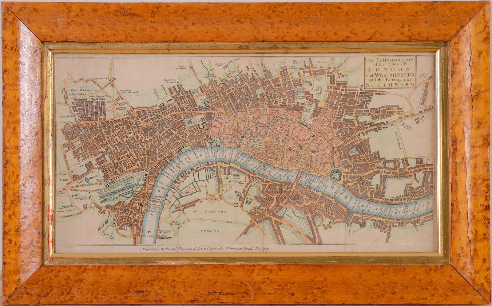 Map of London & Westminster & Borough of Southwark: Dated 1787 in Bird's Eye Frame 8 1/2 x 16 inches, sight. Frame 12 3/4 x 20 1/2 inches.