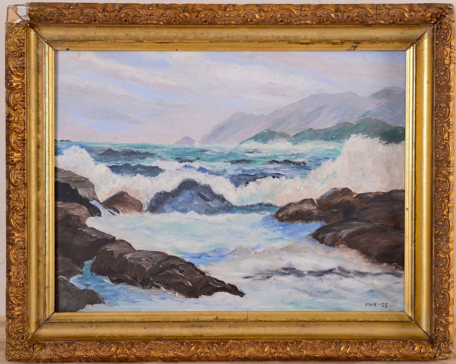 Waves Crashing on Rocky Shore: Oil on board, monogram LR MNR 55. 12 x 16 inches, frame 15 1/2 x 19 1/2 inches.