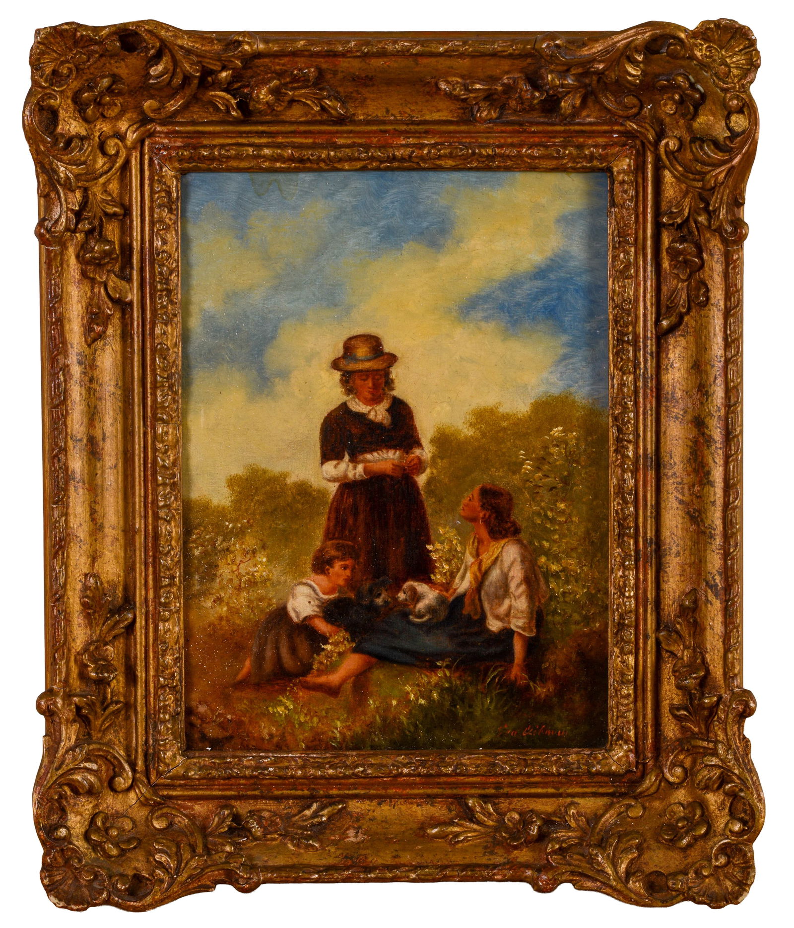 A Picnic of Three with Puppies.: 19th century oil on canvas, Signed LR. 9 x 12 inches. Frame 14 x 17 inches.