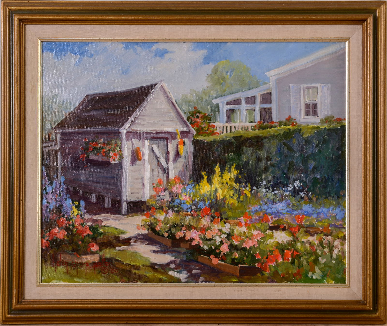 Helen Sharp Potter (1926 - 2018). Shed and Flowers.: Oil on canvas, 16 x 20 inches, signed and dated 1986 lower left. Framed, 21 x 25 inches.