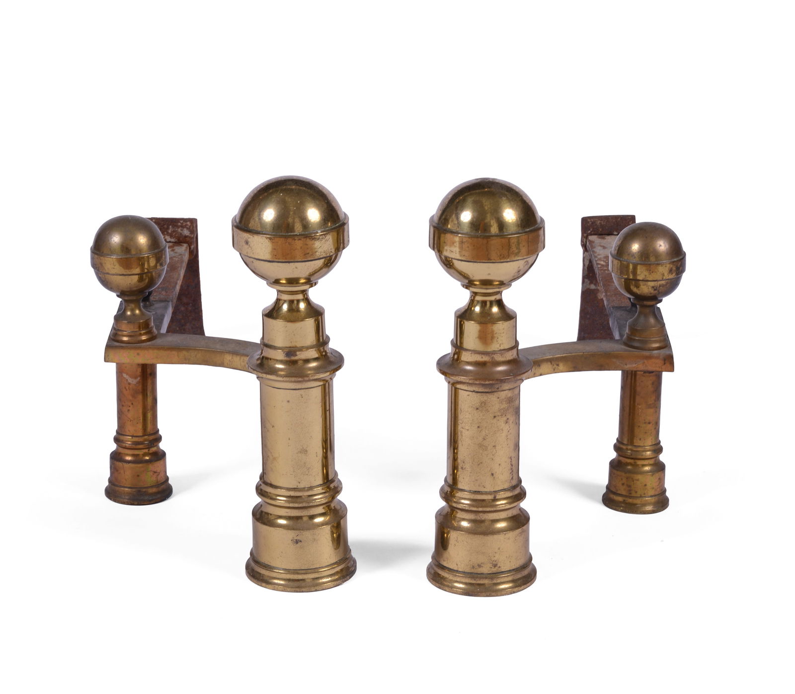 Pair of Brass Ball Top Andirons.: 19th century, height 14 inches, depth 24 inches. Good condition.