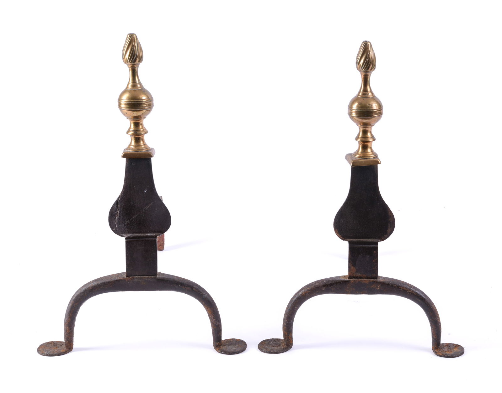 Pair of 18th Century Urn Top Andirons.: With penny feet, height 18 inches, width 11 inches, depth 17.5 inches