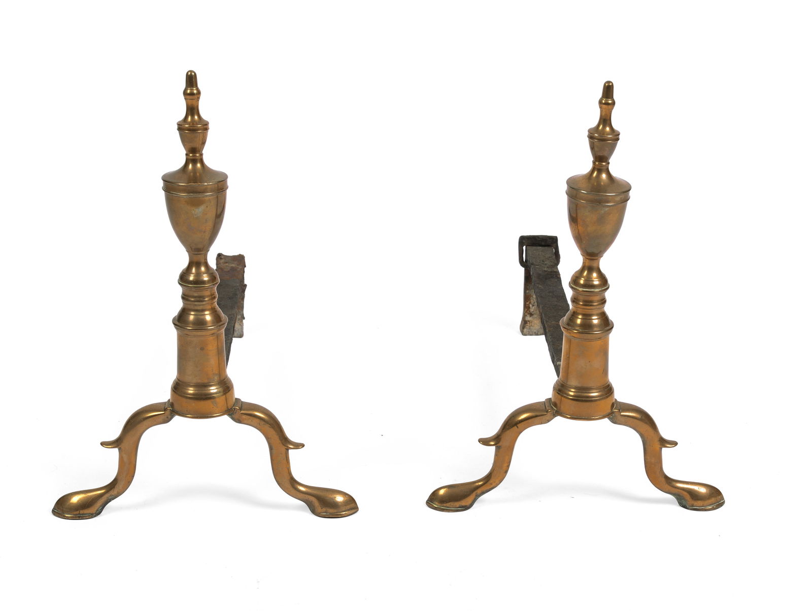 Pair of Federal Period Bell Metal Urn Top Andirons.: Height 17 inches, width 12 inches, depth 19 inches.