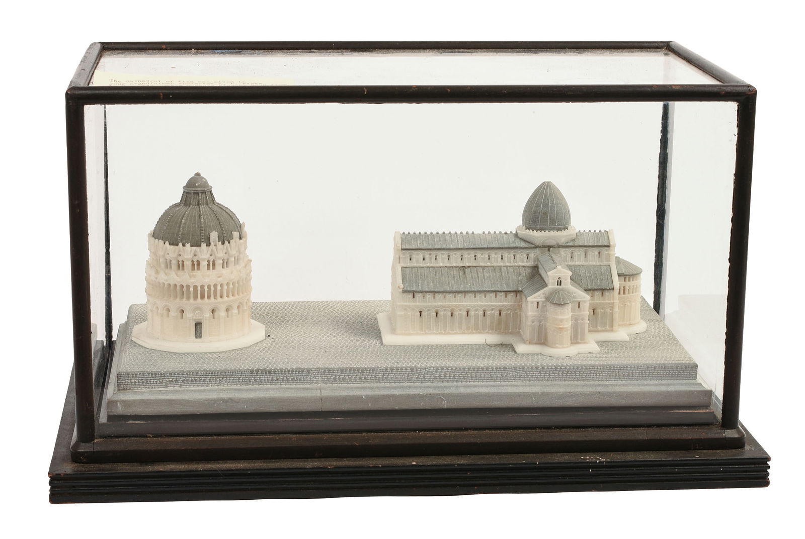 19th C Italian Alabaster Carving of Cathedral of Pisa: With carved Courtyard & Tower. Height 15 1/2 inches, width 7 1/2 inches, depth 6 inches. In a glass case, 10 1/2 x 18 1/4 x 10 inches.