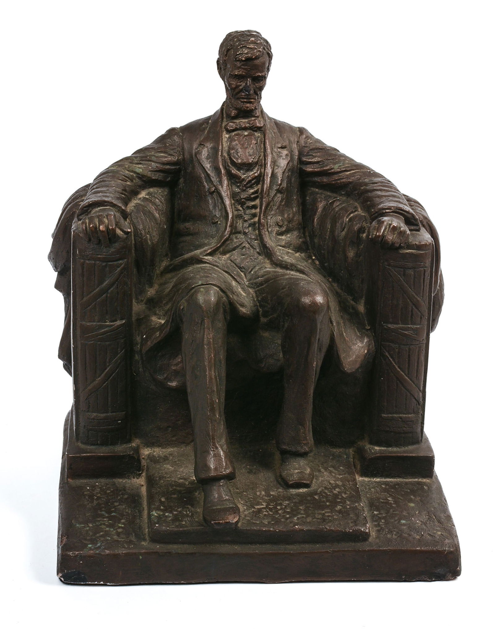 Statue of Abraham Lincoln: Spelter or bell metal, 13 1/2 x 11 1/2 x 11 1/2 inches.