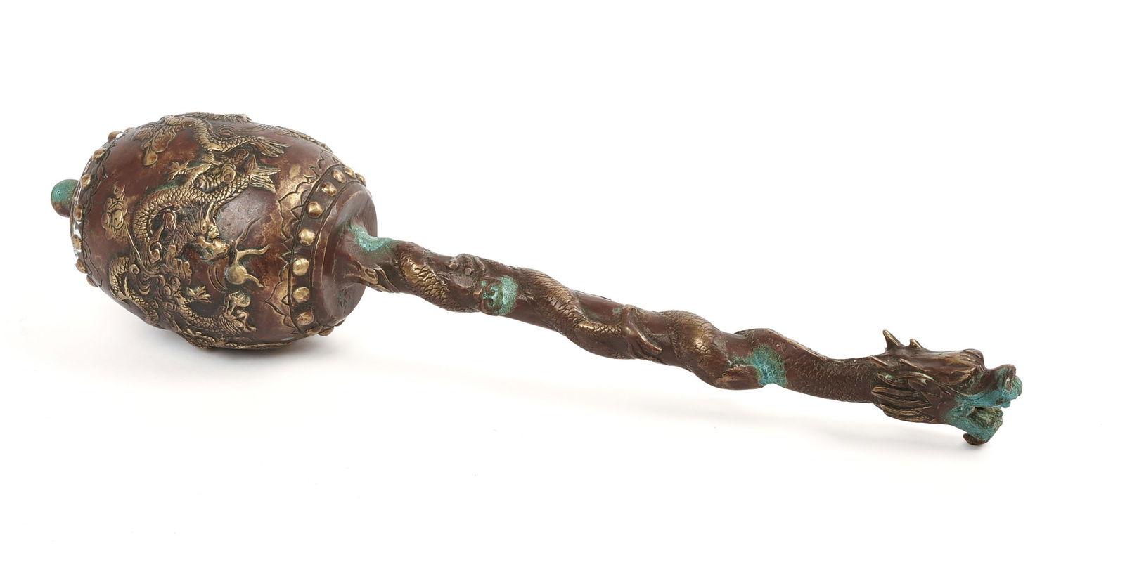 Early Chinese Bronze Hammer: For person of great wealth & leadership, Ball & Handle having many Dragons with four claws. Circumference 13.5 inches, overall length 18.75 inches.
