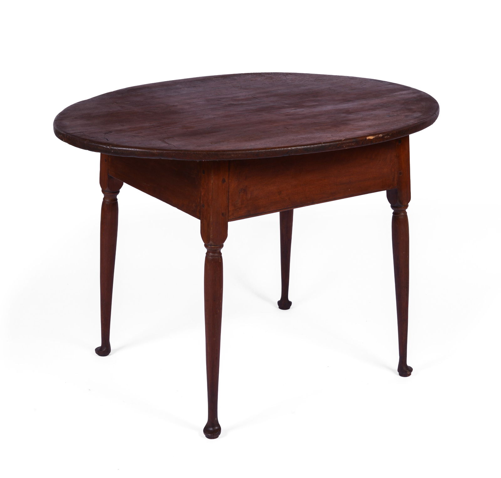 New England Maple Oval Topped Tap Table.: Height 26 inches, pine top 38 x 27 inches. Appears to retain original top, nice old finish.
