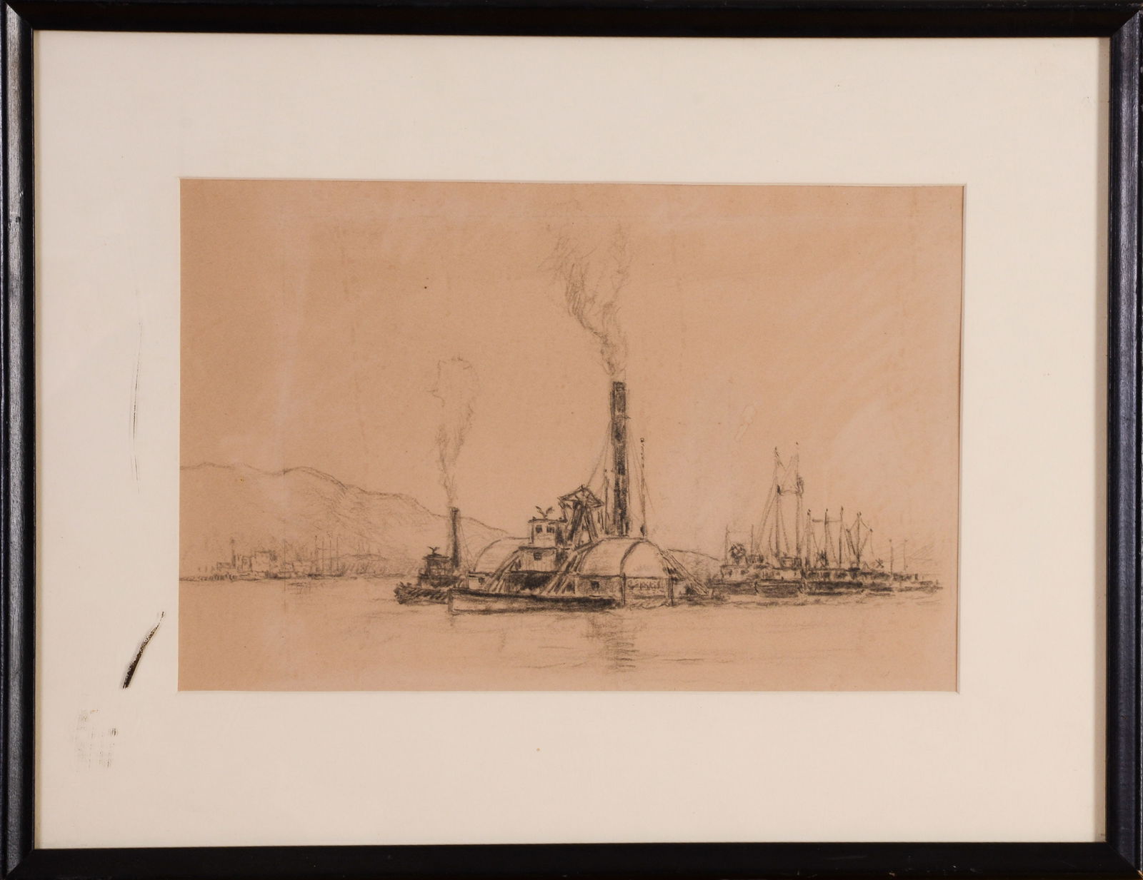 Reynolds Beal (1866/67 - 1951). Hudson River Paddle Tug Oswego.: Pencil on paper, 8.375 x 12.625 inches. Vose Galleries label. Framed, 14.5 x 18.5 inches.
