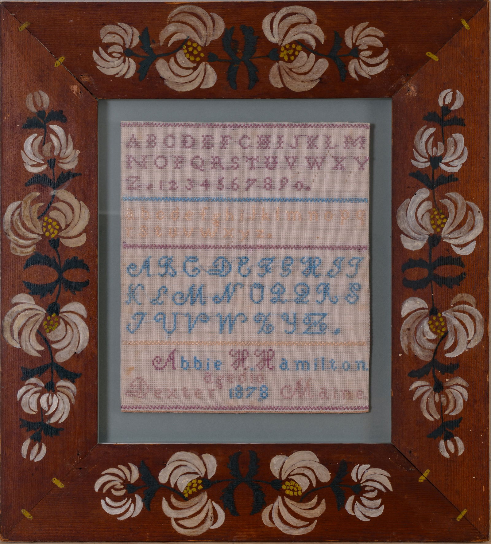 Sampler by Abbie Hamilton, Dexter, Maine, 1878. (1 of 4)