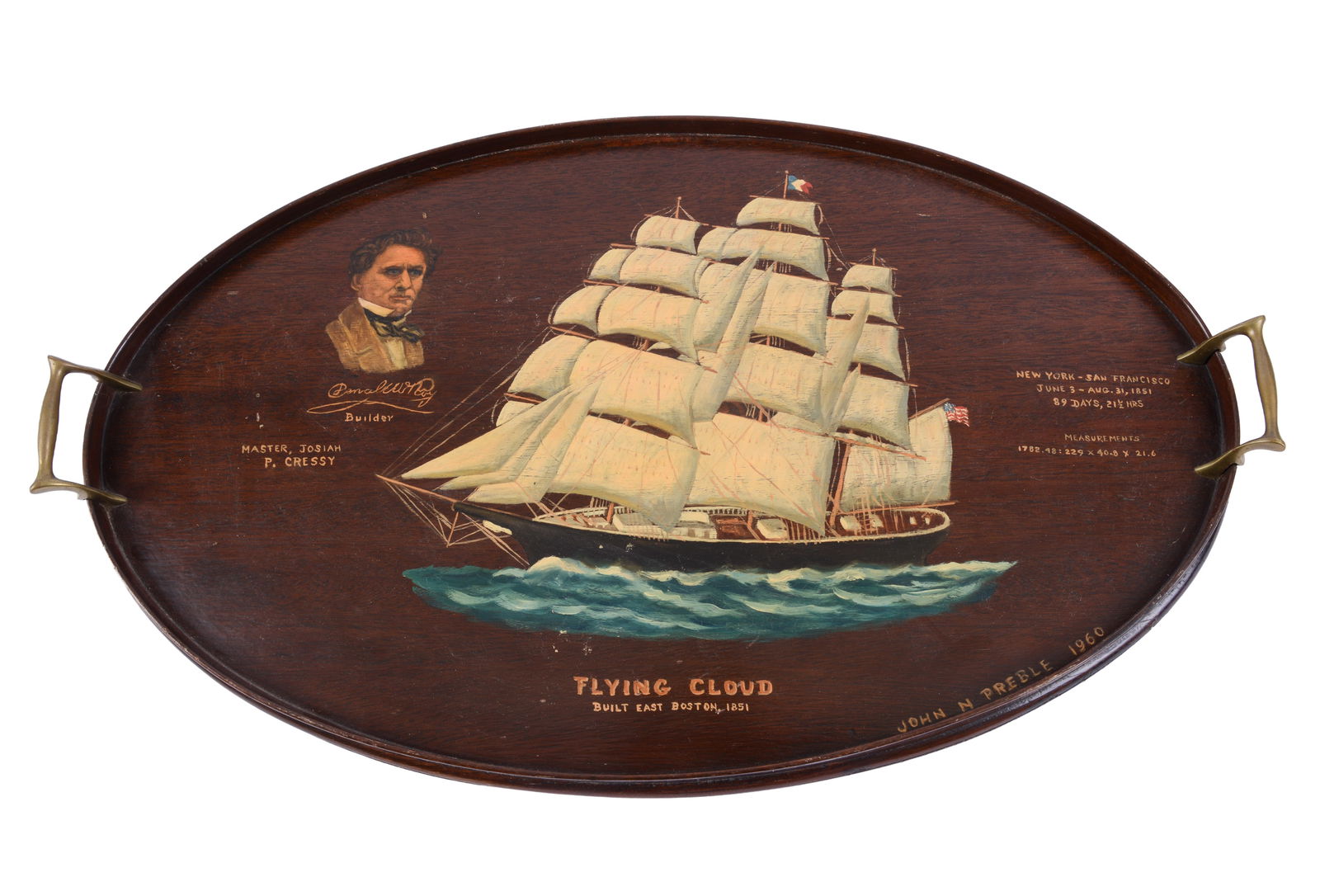 John N. Preble. Flying Cloud Tray.: Hand painted mahogany tray, 24 x 14 inches. Some light surface scratches.