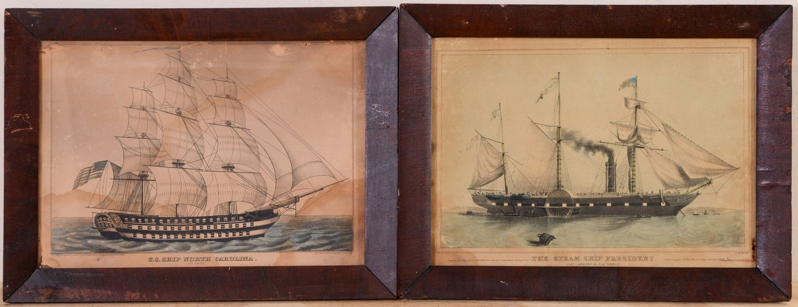 Two 19th Century Ship Pictures.: "The Seam Shp President" "US Ship North Carolina" Frames 12.25 x 16.25 inches.