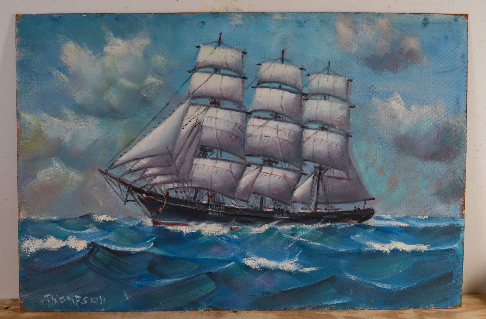 Ellery Thompson (1899 - 1987). Large Folk Art Painting of a Ship.: Oil on board, 32 x 48 inches, signed lower right.