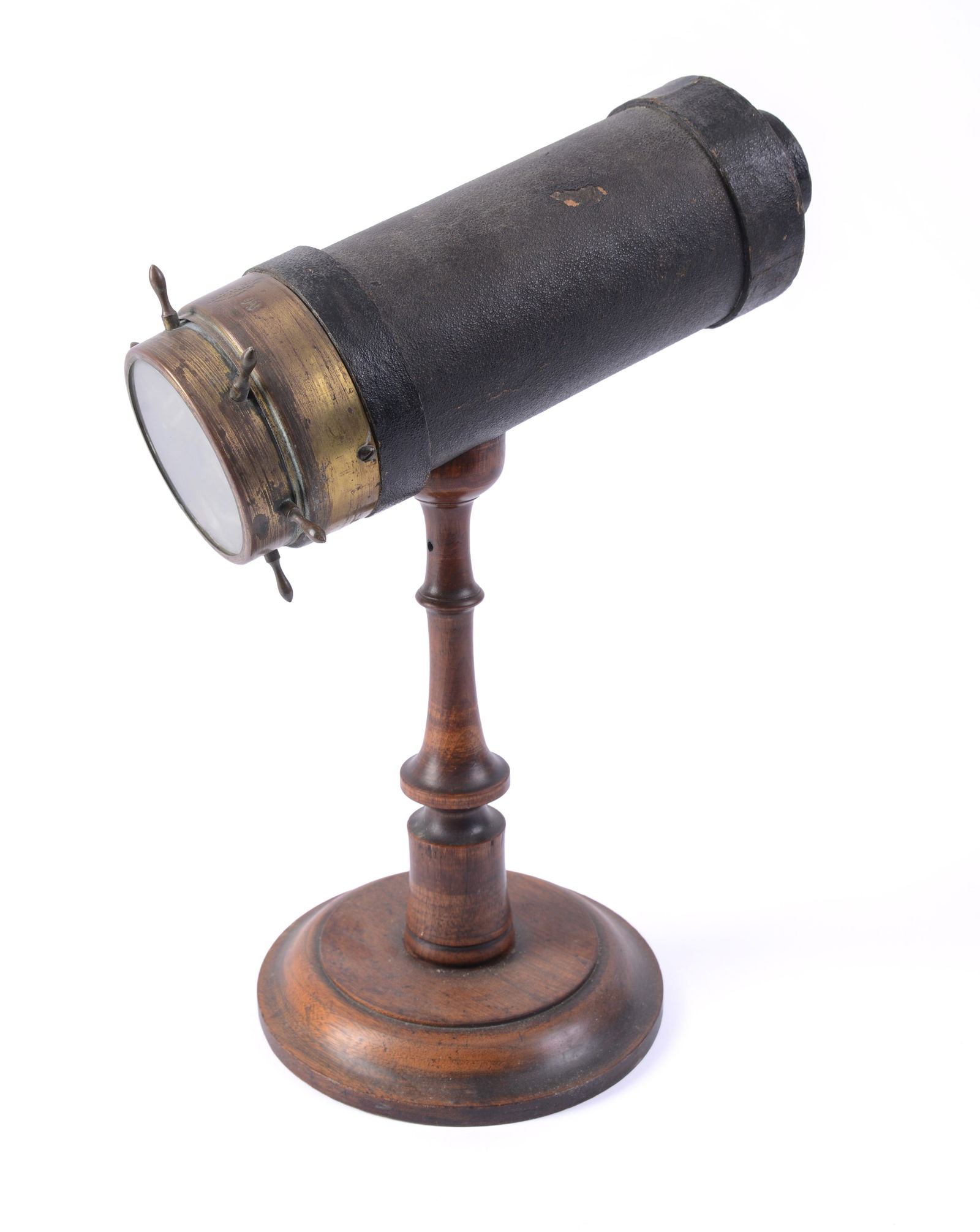 Antique Kaleidoscope.: Height 14 inches, length 10 inches. Broken glass in eyepiece, some scuffs to body, otherwise in working order.