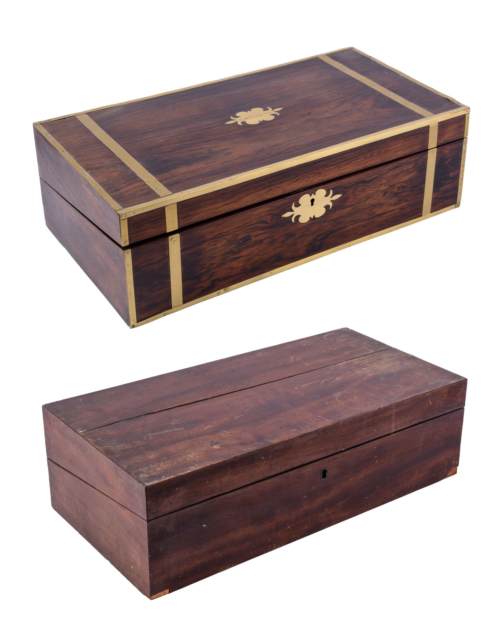 Two Nineteenth Century Lap Desks.: One brass bound, label for Stageman, excellent condition. The other with some wear and damage. Each 20 x 6 x 10 inches.