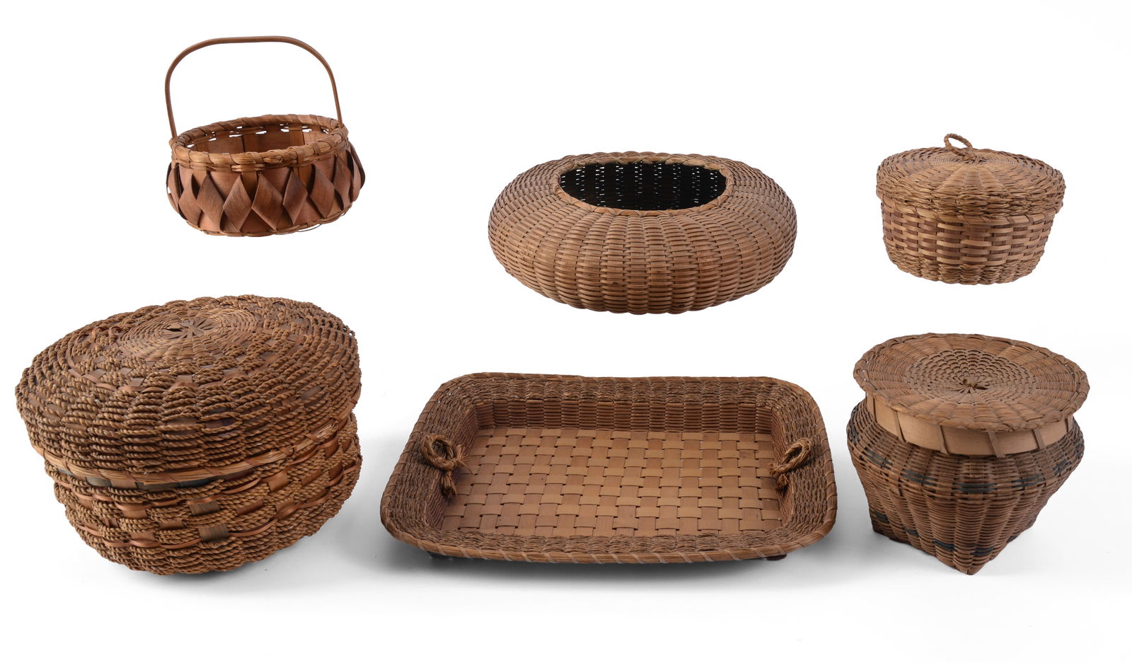 Six Native American Baskets.: Diameters 5 to 9 inches. Good condition.