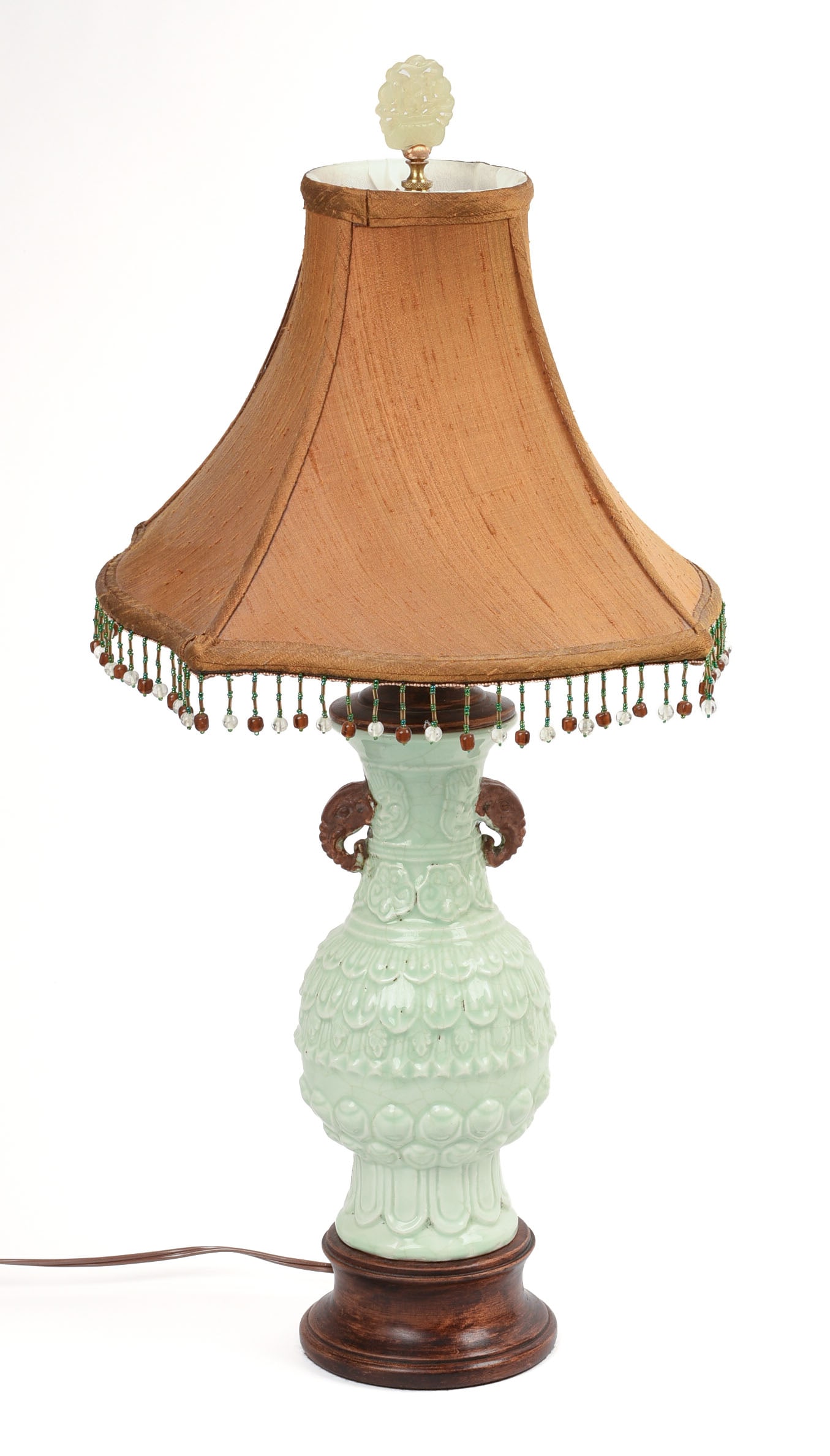 Chinese Celadon Glaze Table Lamp.: Overall height 25 inches, elephant handles.