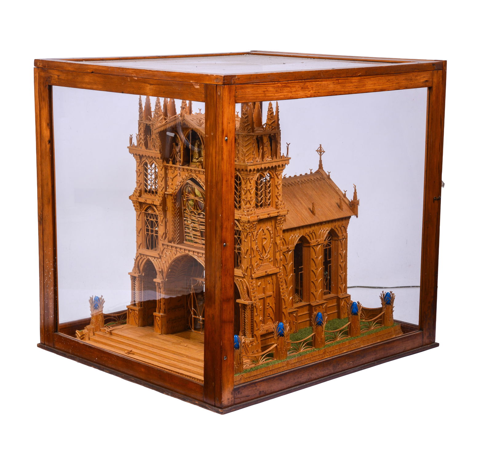 Hand Crafted Model of Saints Peter and Paul Church, Lewiston, Maine.: By Dr J.A. Beard, created with thousands of toothpicks. In a glass case, 29 x 30 x 27.5 inches. Some minor losses to model.