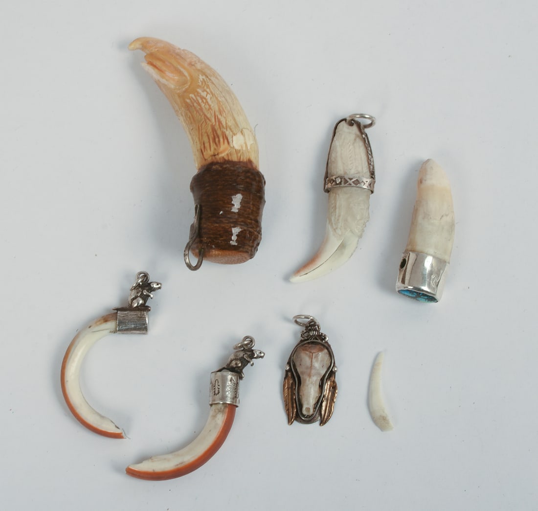 Six Bear Claw Sterling Pendants.: Lengths 1.25 to 3.5 inches. Some losses.