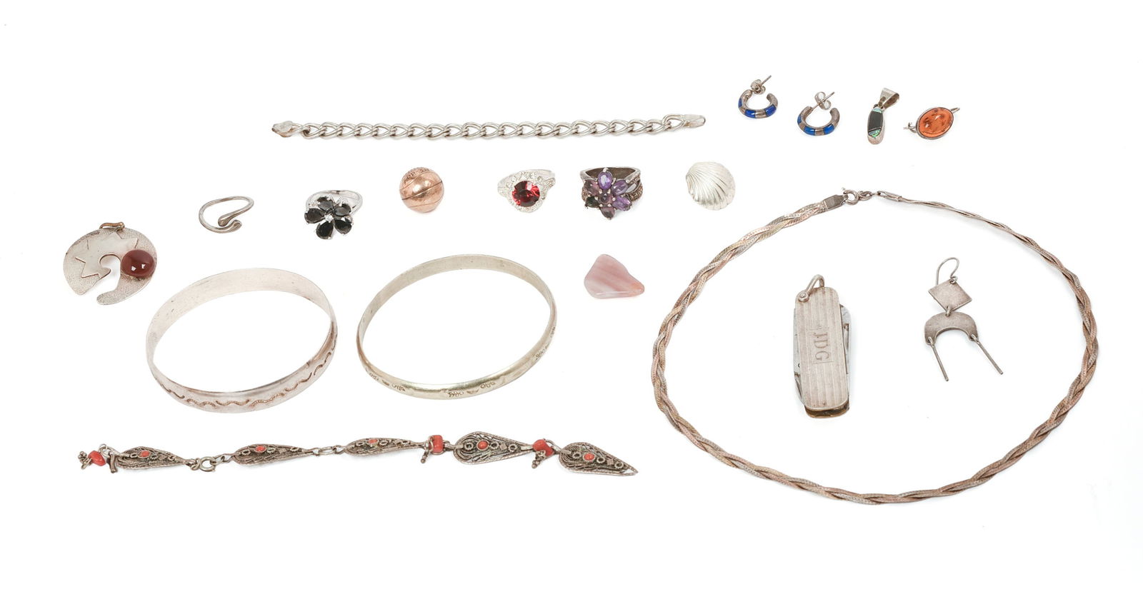Group of Sterling and Costume Jewelry.: Sterling necklace, 18 inches, 9.9 grams. Sterling and amethyst ring (one stone missing). Opal and onyx pendant, length .5 inches, art nouveau bracelet (broken clasp), and others.