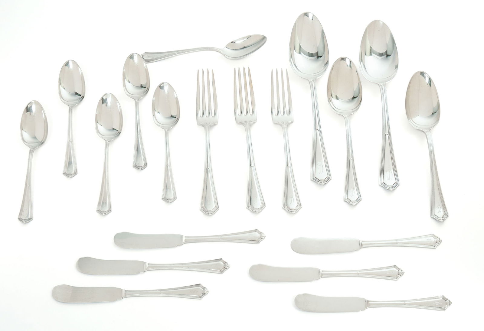 Gorham Plymouth Pattern Sterling Silver Flatware.: Three dinner forks, six teaspoons, two tablespoons, two serving spoons, and six butter spreaders. 567 grams.