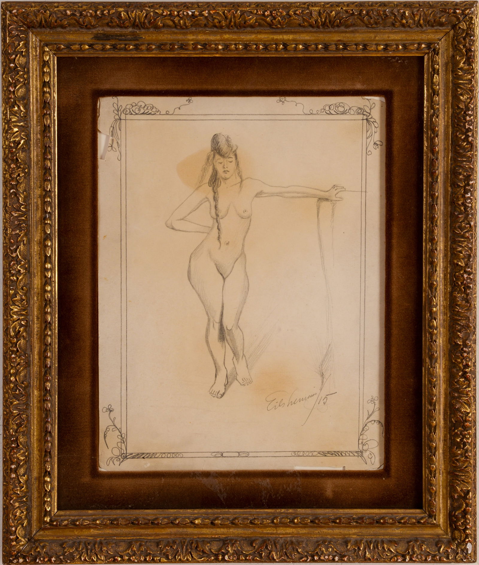 Louis Michel Eilshemius (1864 - 1941). Standing Nude.: Pencil on paper, 10 x 7 inches, sight, signed and dated 1915 lower right. Framed, 16.5 x 14 inches.