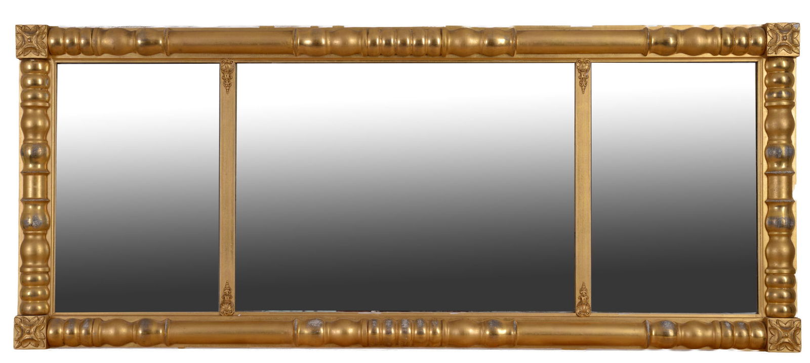 Large Federal Gilt Split Spindle Over Mantle Mirror.: 23 x 53 inches. Replaced glass.