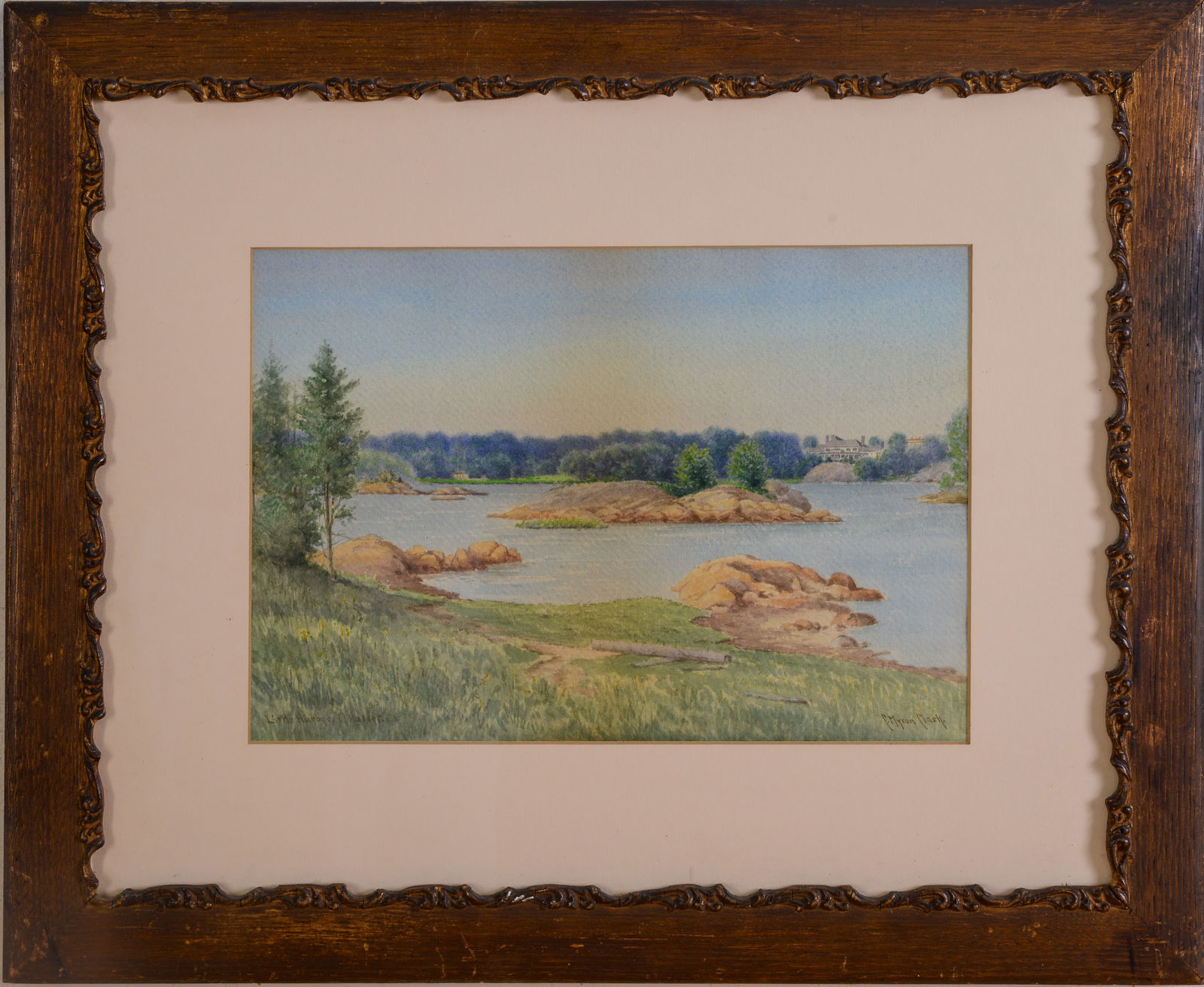 C. MYRON CLARK (1858-1925 MA) OCEAN SCENE OF A LITTLE HARBOR COHASSET, MA: Watercolor on paper, signed L.R. plus location LL. 9 1/4 x 14 inches, sight. Framed, 19 x 23 inches.