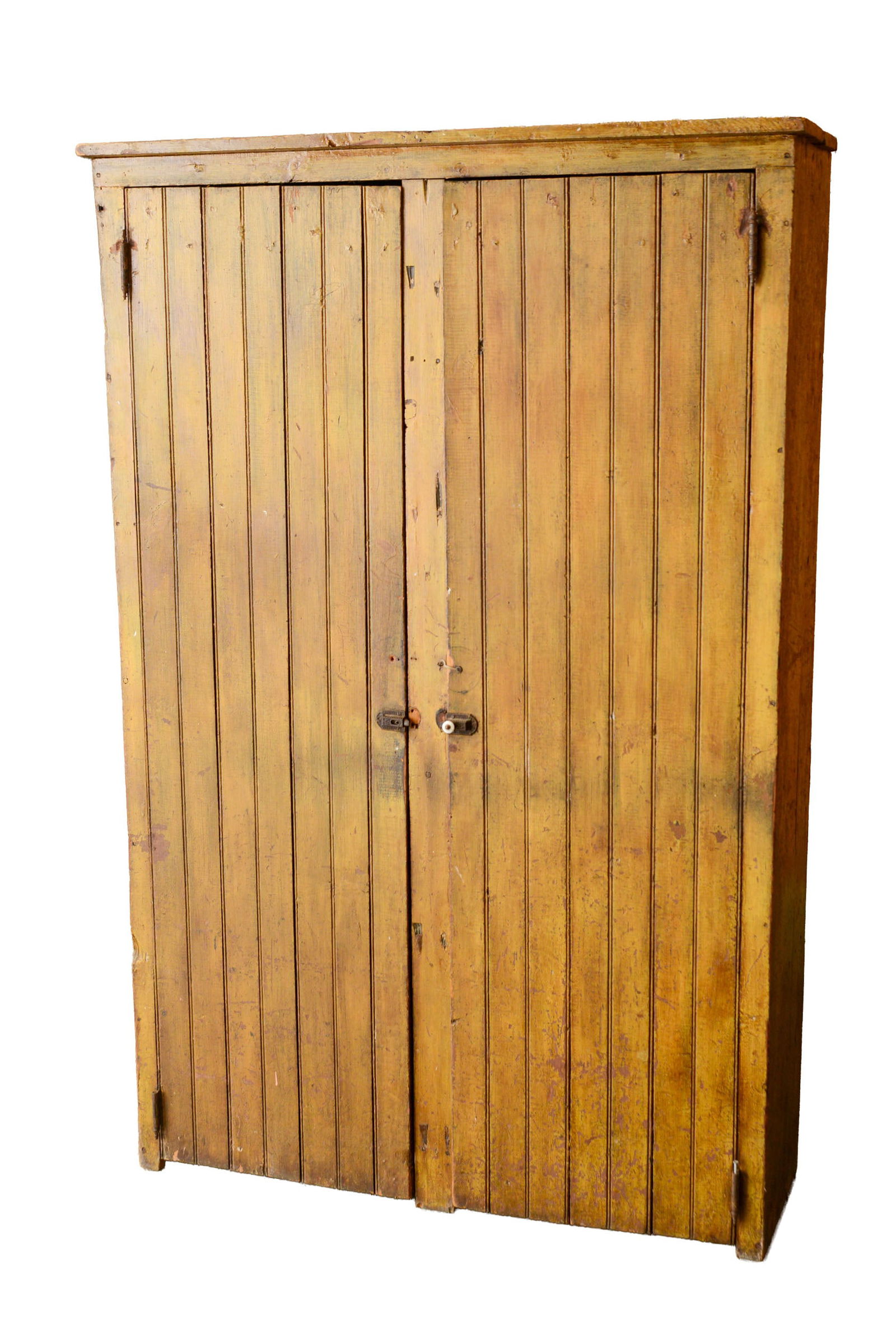 New England Pine Jelly Cupboard in Mustard Paint.: Height 70 inches, width 45 inches, depth 13 inches. Lacking latches.