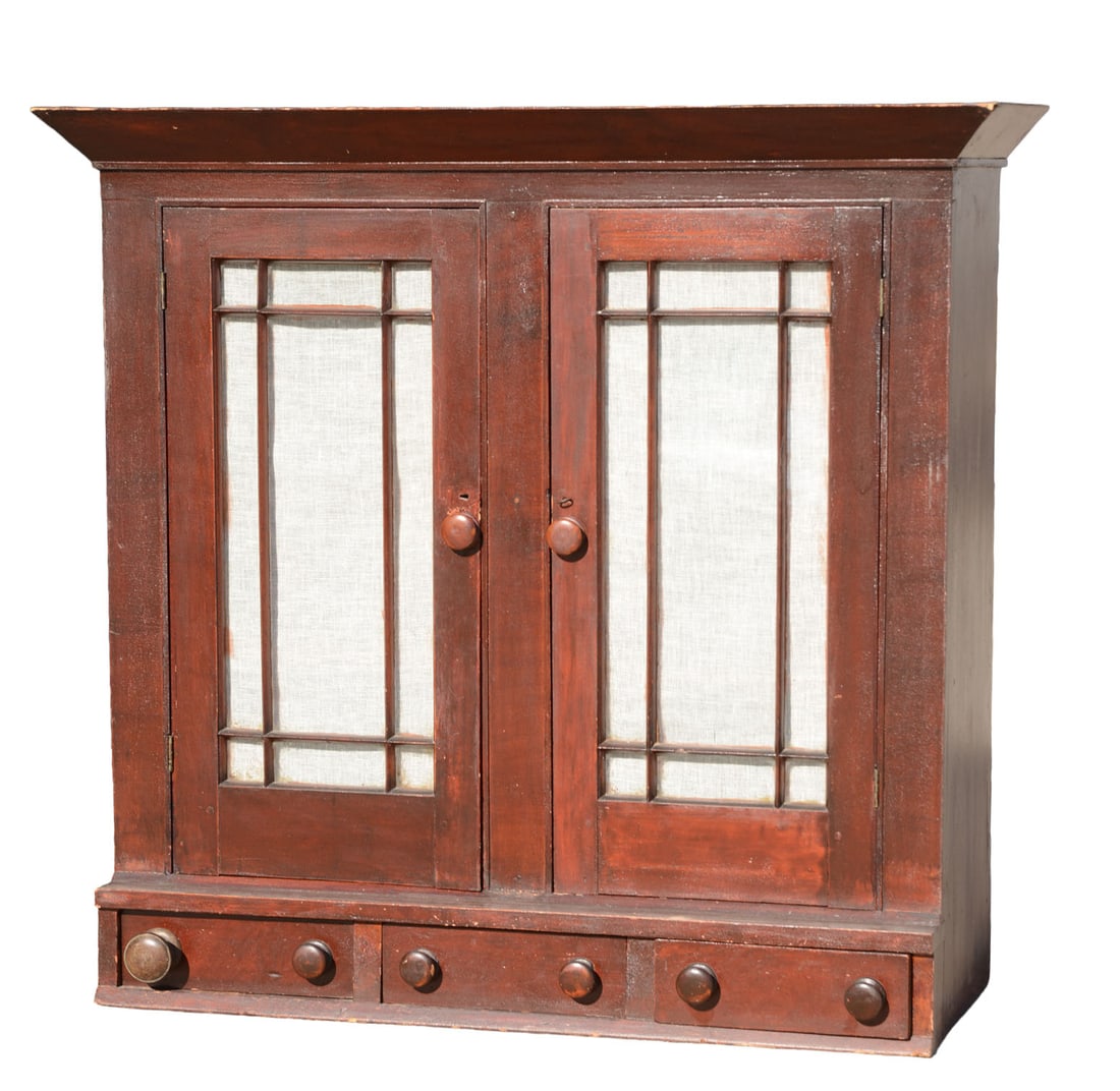 New England Pine Wall Cabinet in Red Paint. (1 of 4)