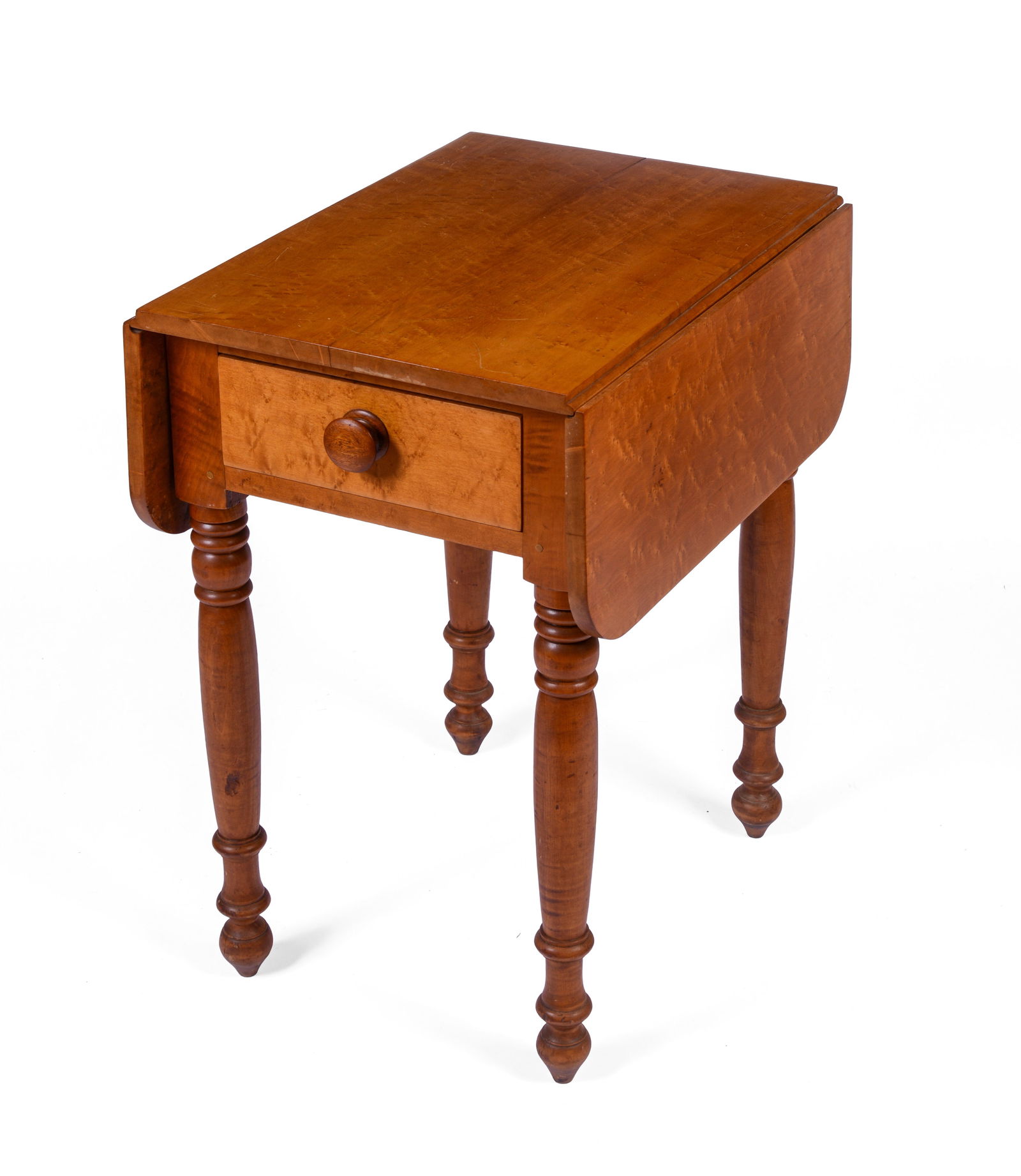 New England Sheraton Bird's Eye Maple Work Table.: Height 29 inches, width 17 inches, depth 24 inches. Age crack to top, some surface scratches.