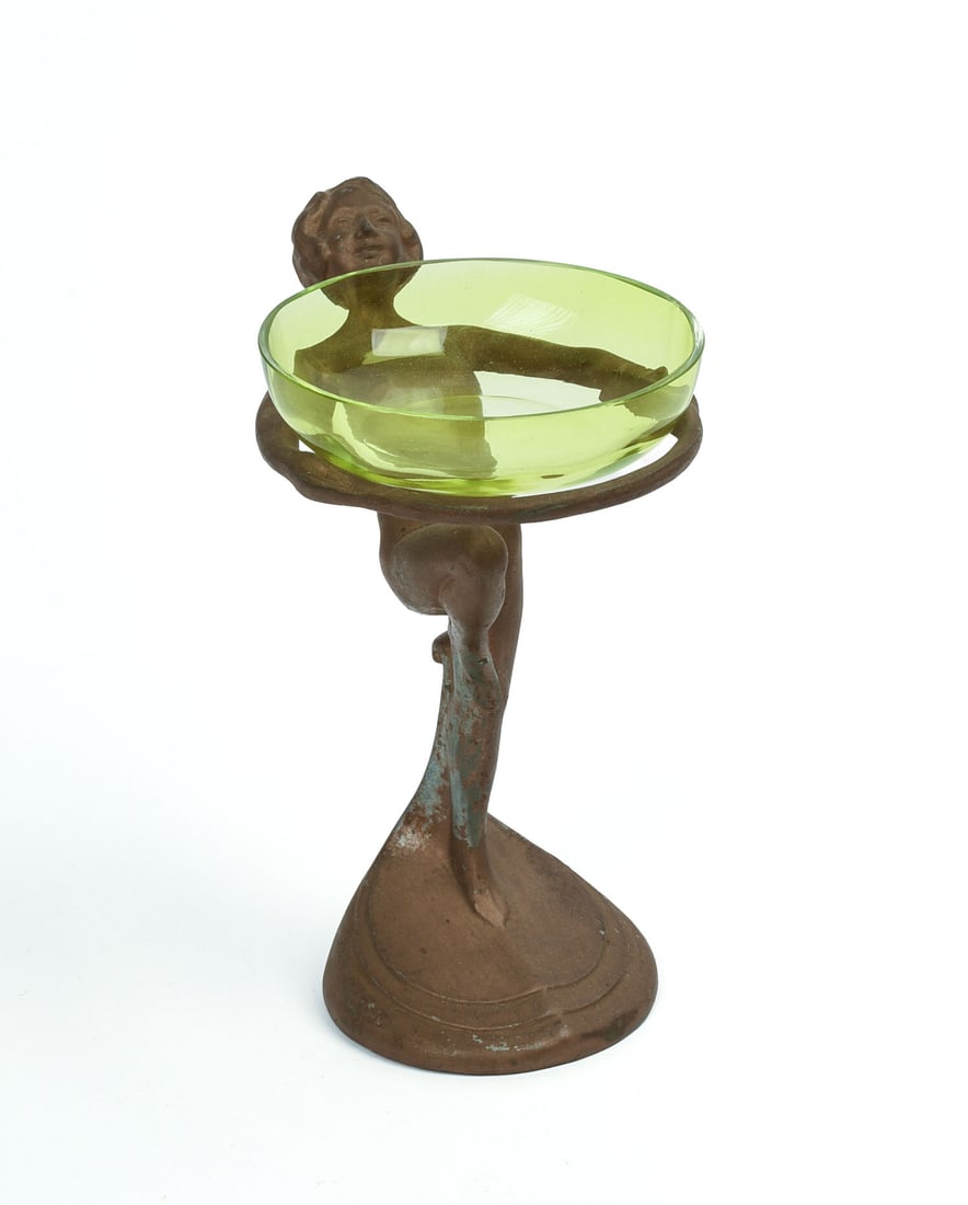 ART NOUVEAU WOMAN HOLDING A DISH, PROBABLY FRANKART.: Height 8.5 inches, good condition.