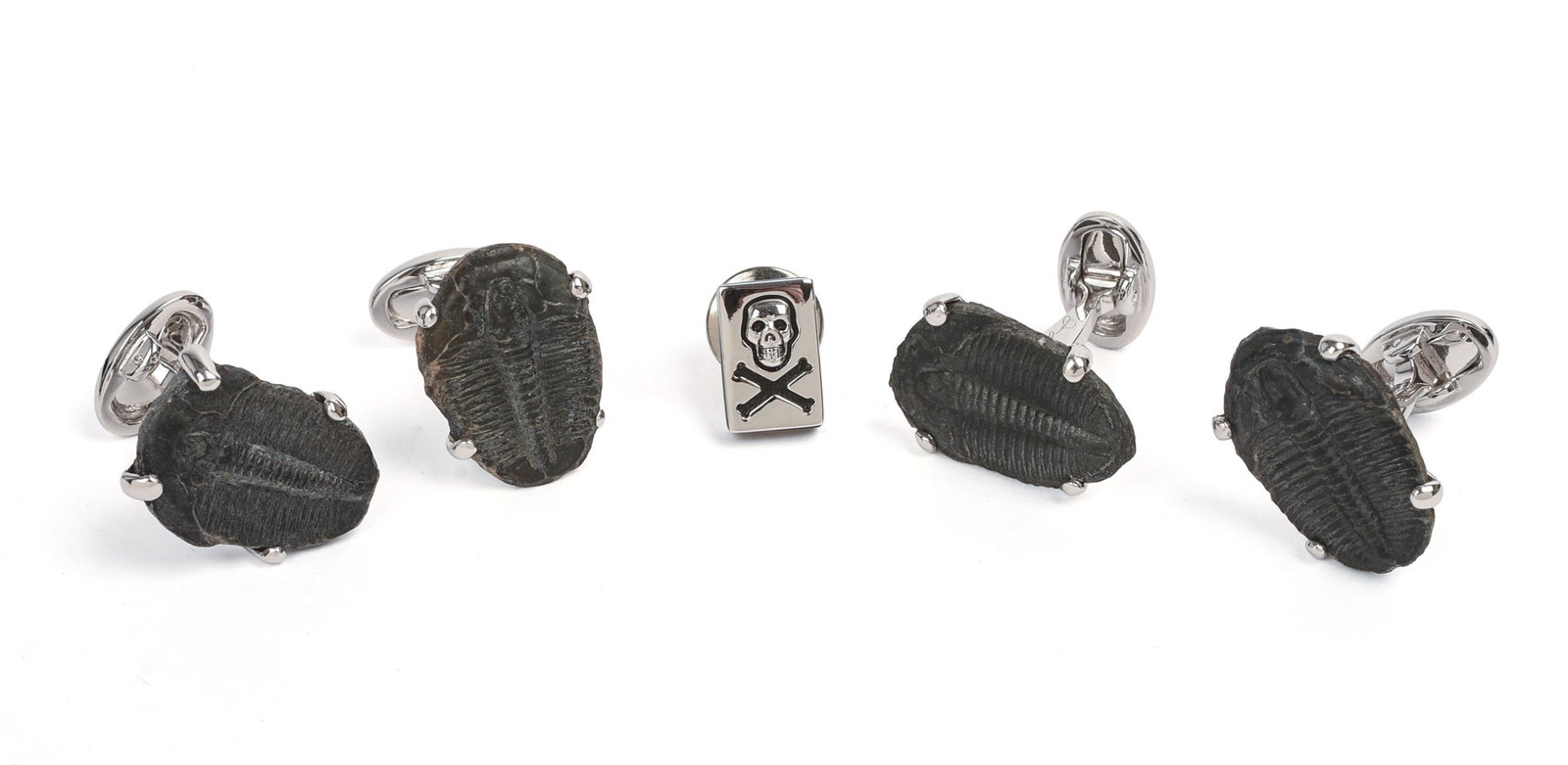 Two Pairs Jan Leslie Sterling and Fossil Cufflinks.: Together with a small sterling pin of a skull and crossbones. Pin height half inch.