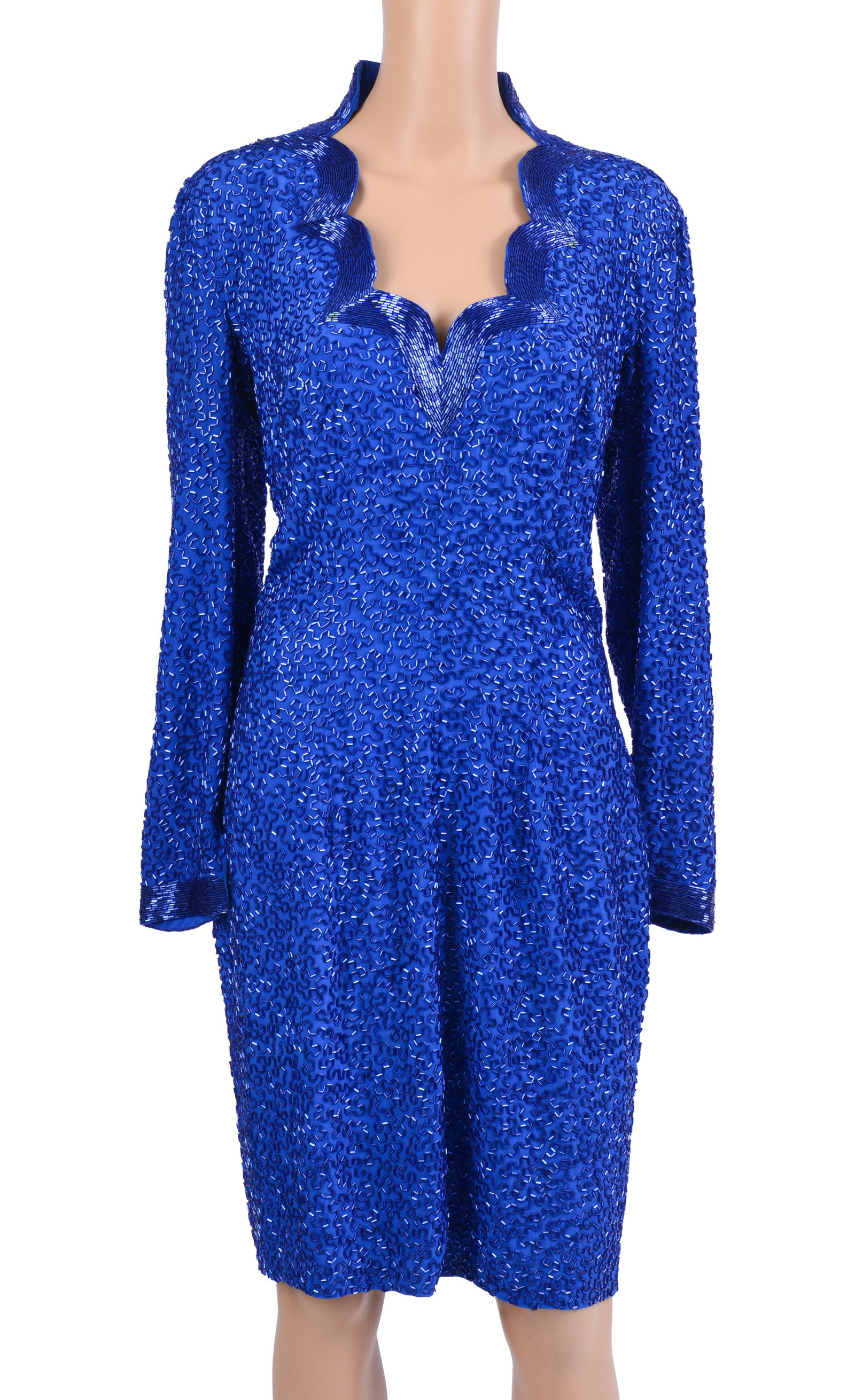 Jane Morgan's Stephen Yearick Blue Sequin Gown.: 17 inches armpit to armpit, length 40 inches. From the collection of Jane Morgan.
