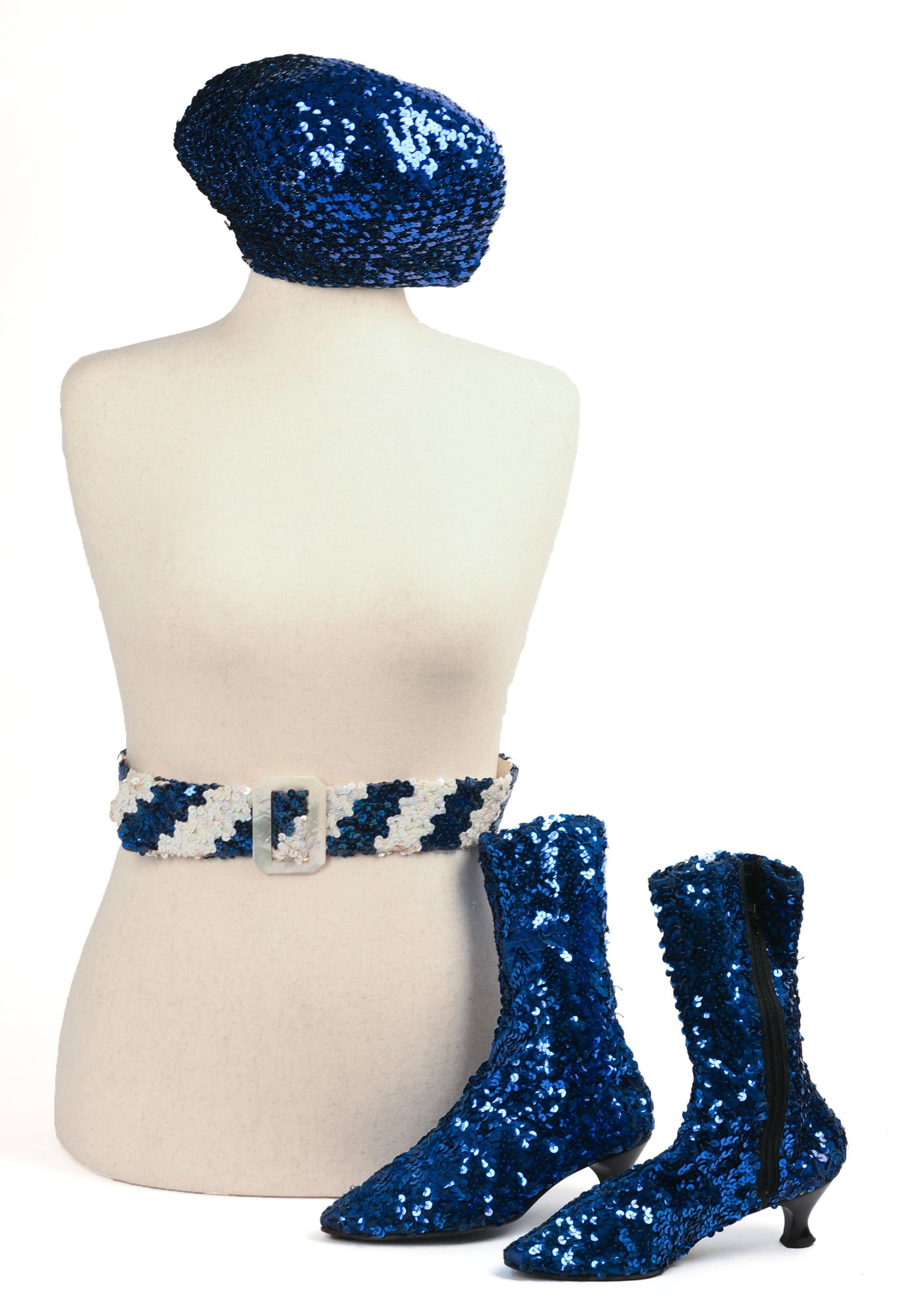 Sequin Boots, Size 7.5, Belt, and Beret.: From the collection of Jane Morgan.