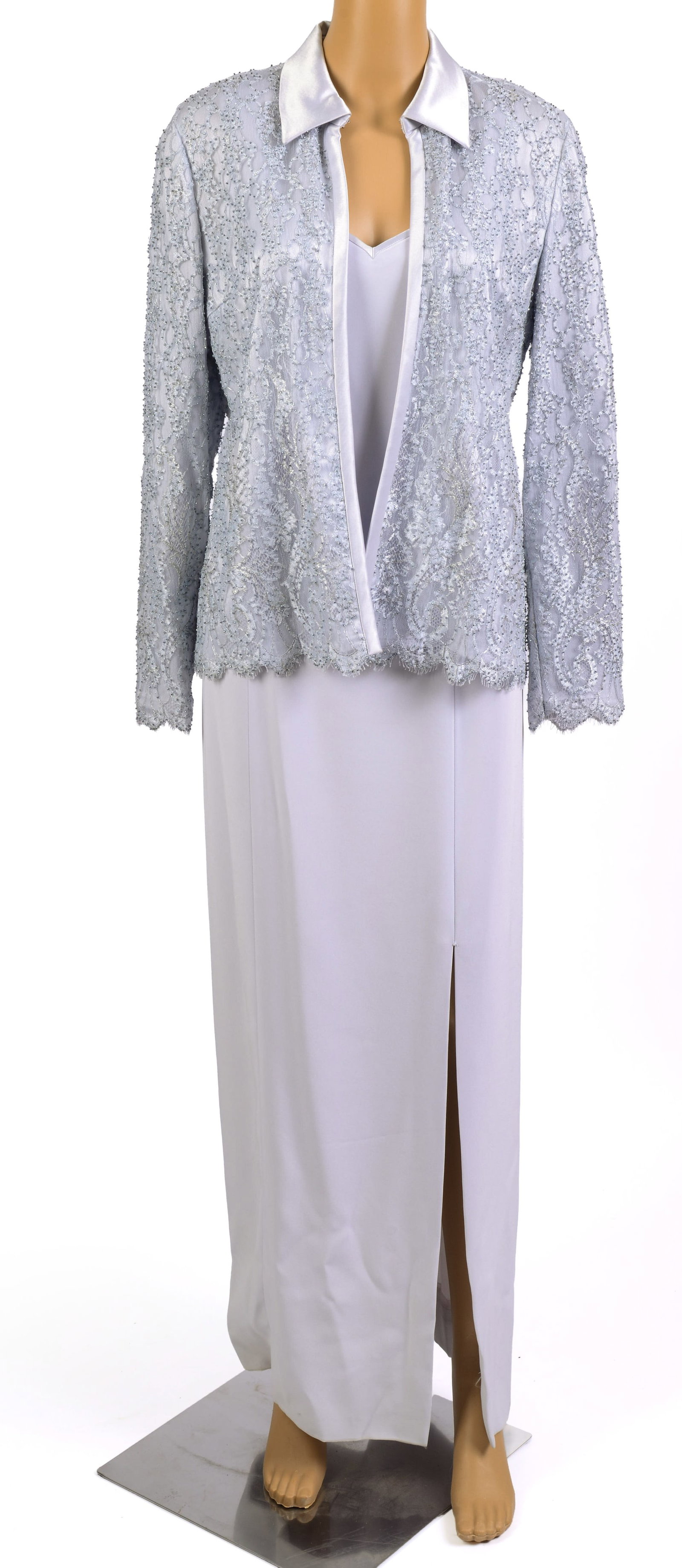 Bob Mackie Silver Gown and Beaded Jacket.: Size 10. Length 50 inches. From the collection of Jane Morgan.