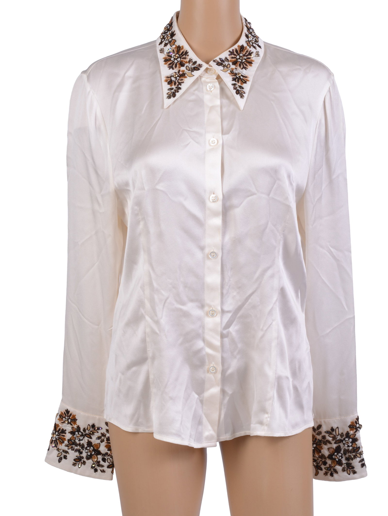 Escada Silk Blouse with Embroidered Beads and Sequin Decoration.: Size 40. Some loose threads on decoration, otherwise good condition. From the collection of Jane Morgan.