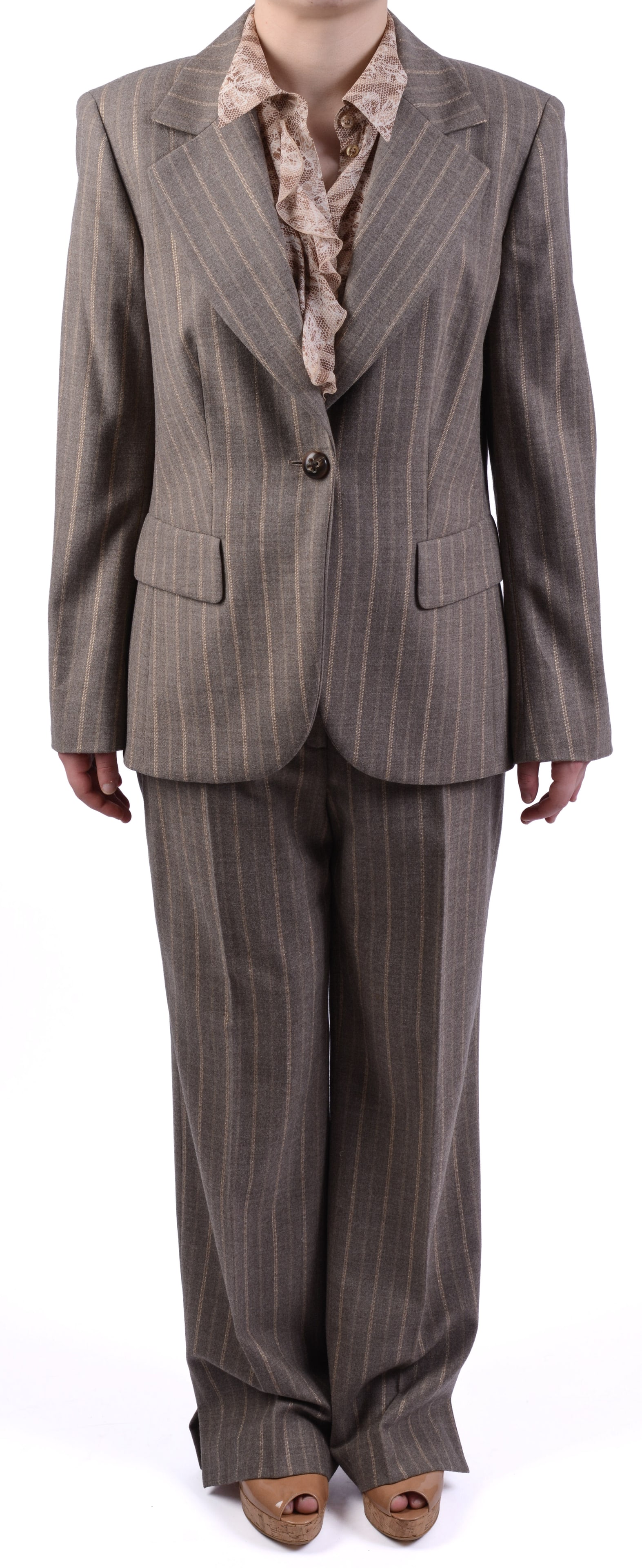 Escada Striped Pant Suit with Lace and Zebra Print Blouse. (1 of 6)