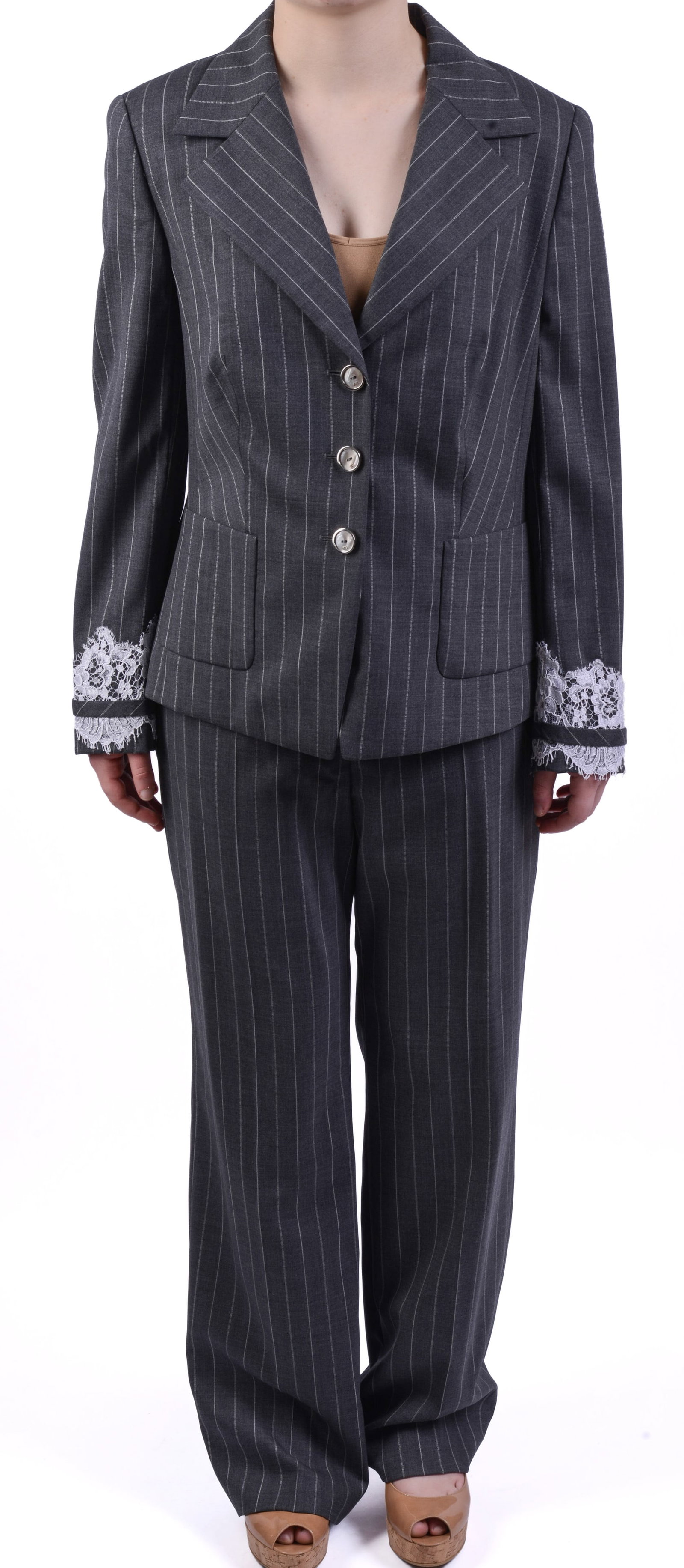 Escada Pinstripe Gray Pantsuit with Lace-trim Cuffs on Blazer. (1 of 6)