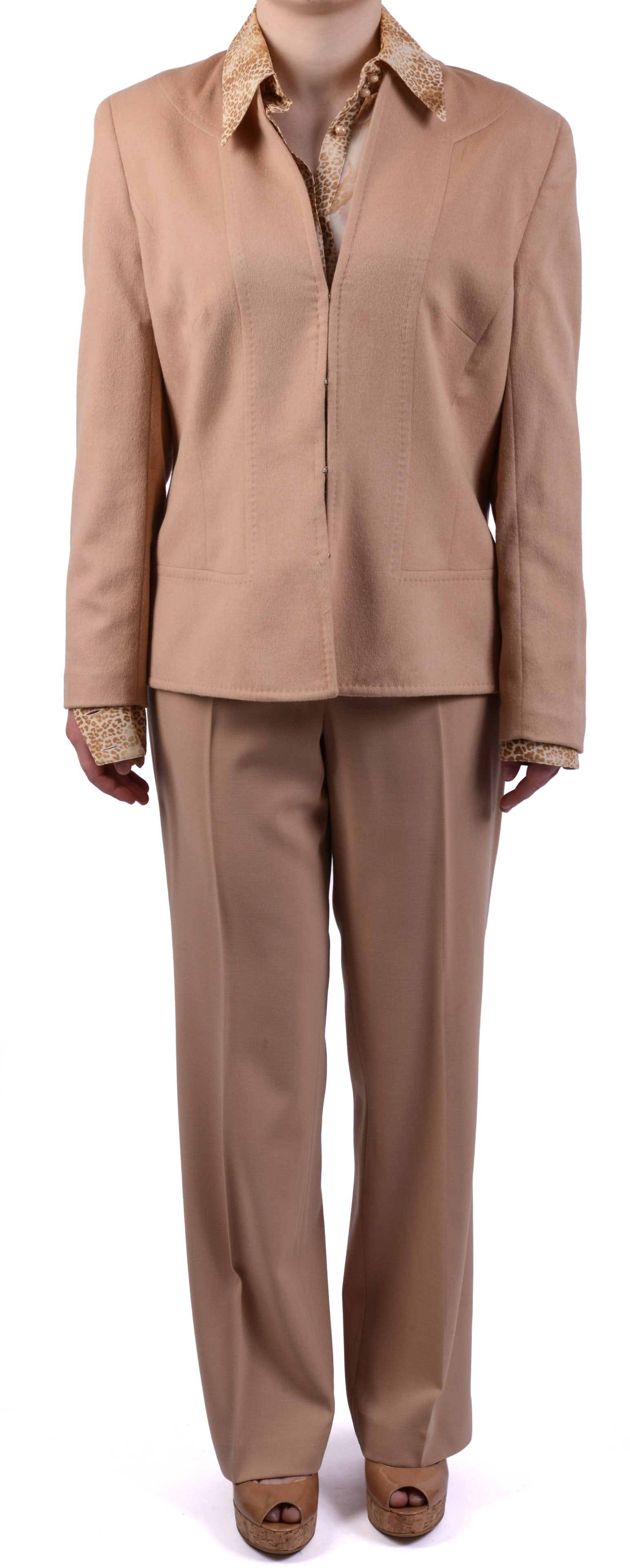 Escada Tan Pantsuit and Sheet Blouse.: Size 40. Good condition. From the collection of Jane Morgan.